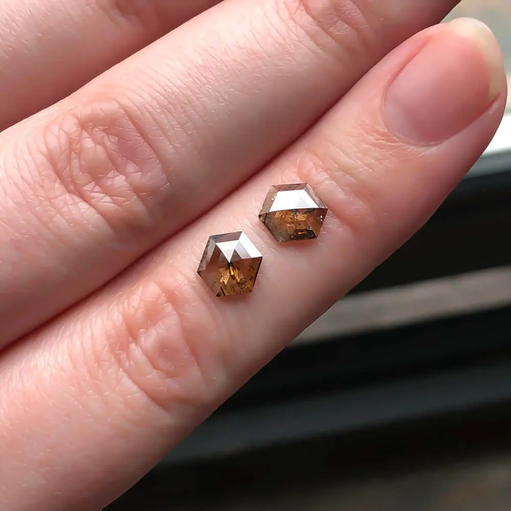 1.30ct NATURAL ROSE CUT DIAMOND PAIR RUSTIC STUD EARRINGS HEXAGON BROWN DANGLE