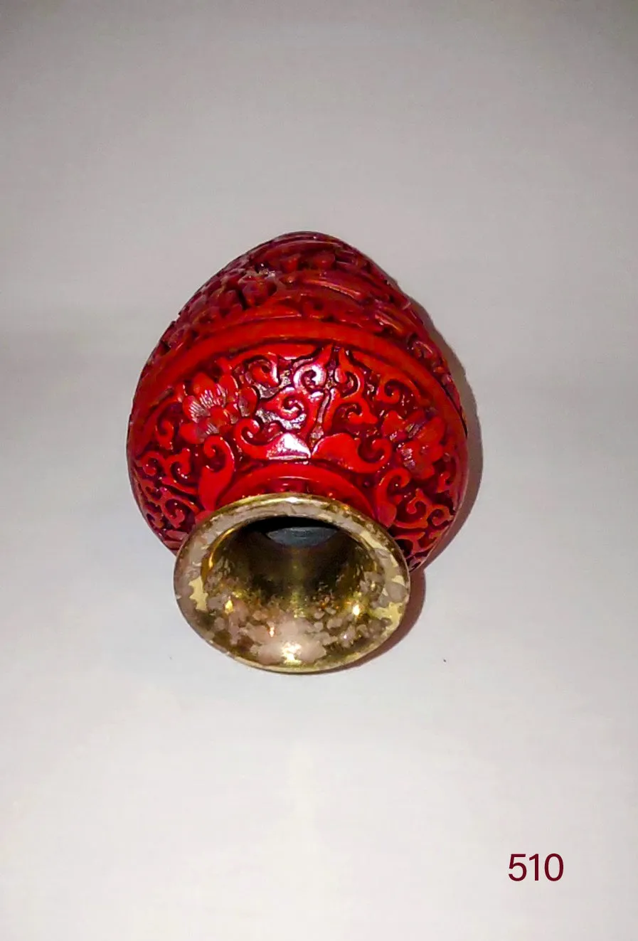 5" Vintage Chinese Cinnabar Lacquer Carved Vase & Brass Lining