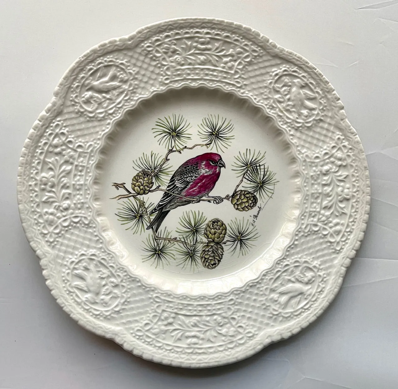 Antique Artist Signed Pinecones & Pine Grosbeak 🐦 Bird Plate Relief Border