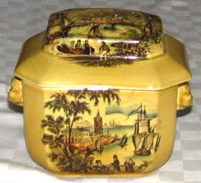 Black Polychrome Transferware Tea Caddy Safe Harbour Ship Scene Figural Face Shaped Handles Lidded Jar