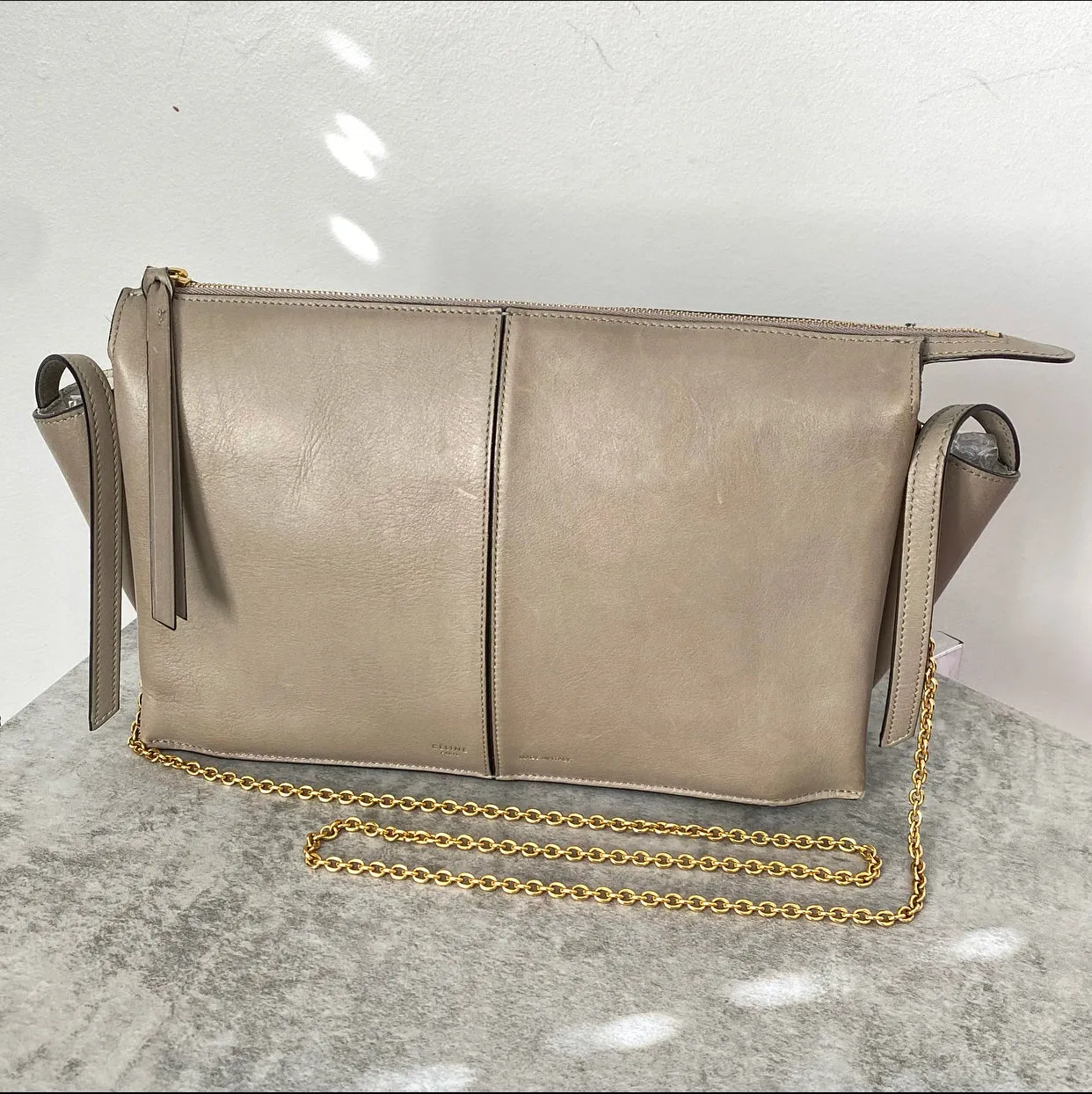 Celine Taupe Trifold Clutch Chain Bag