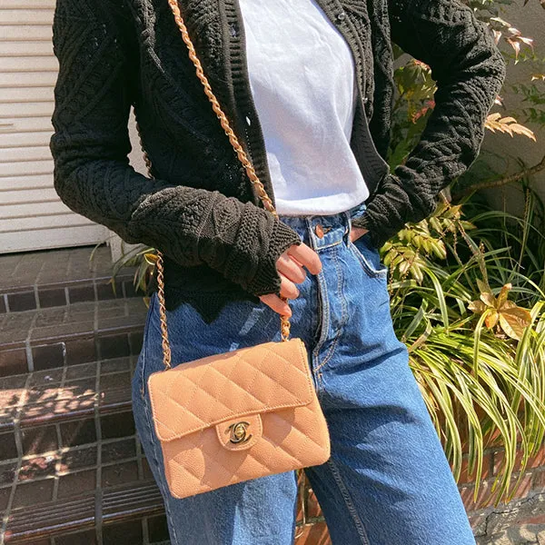 Chanel Around 2005 Made Caviar Skin Classic Flap Chain Bag Mini Salmon Pink