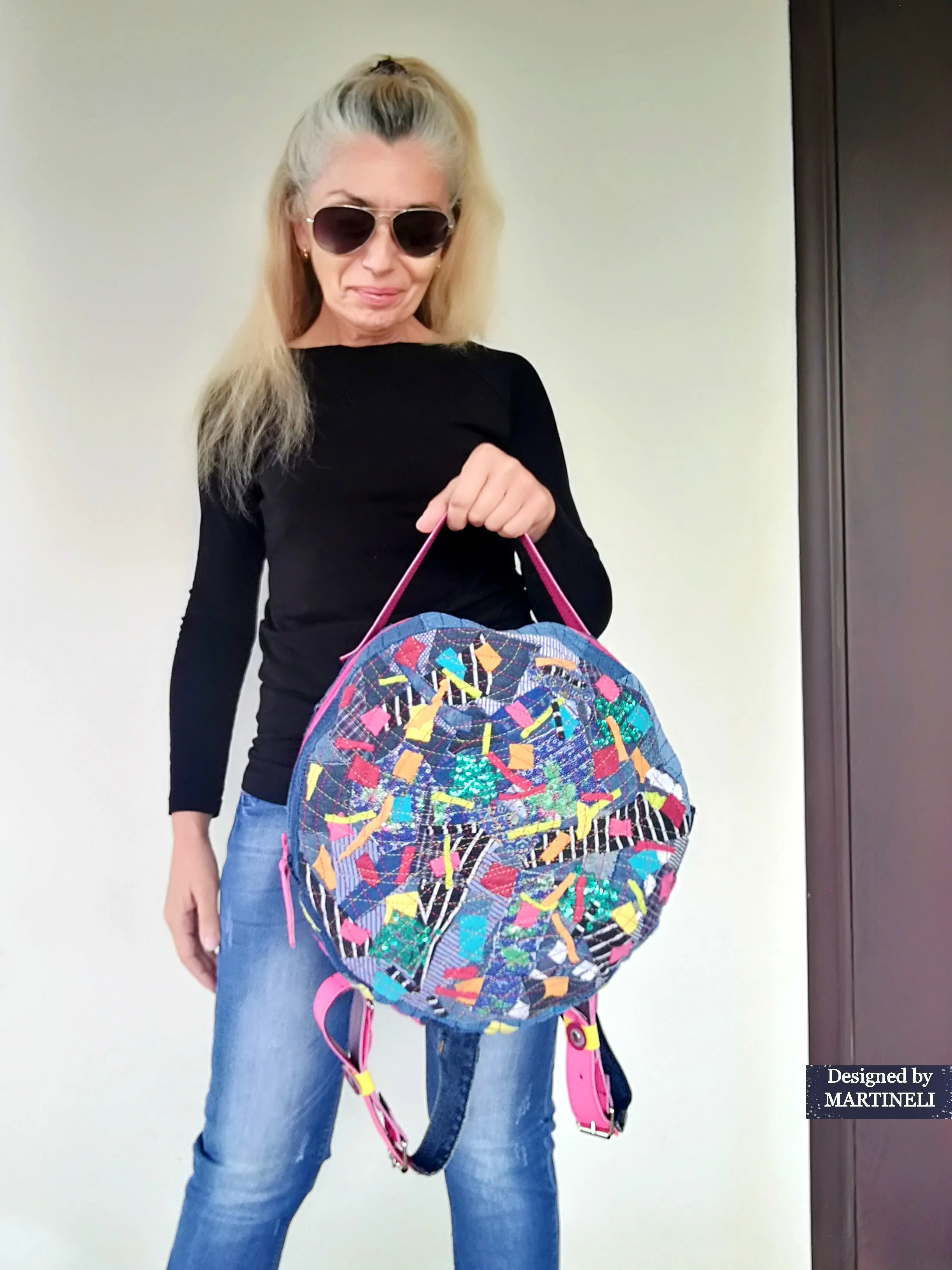 Colorful Denim and Leather Backpack Pink Italian Leather Rucksack