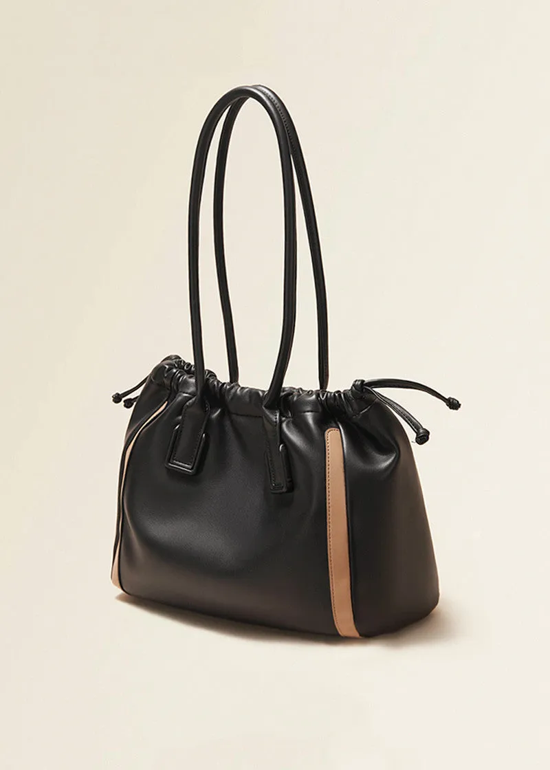 Drawstring Striped Leather Tote Bag