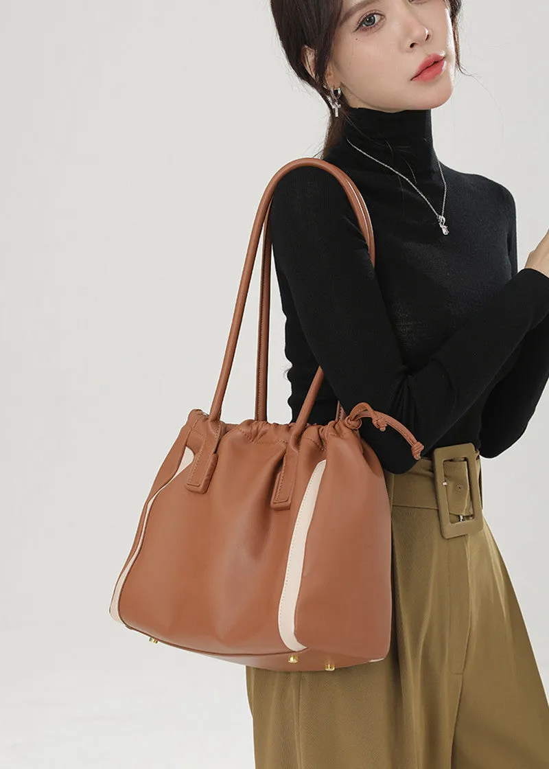 Drawstring Striped Leather Tote Bag