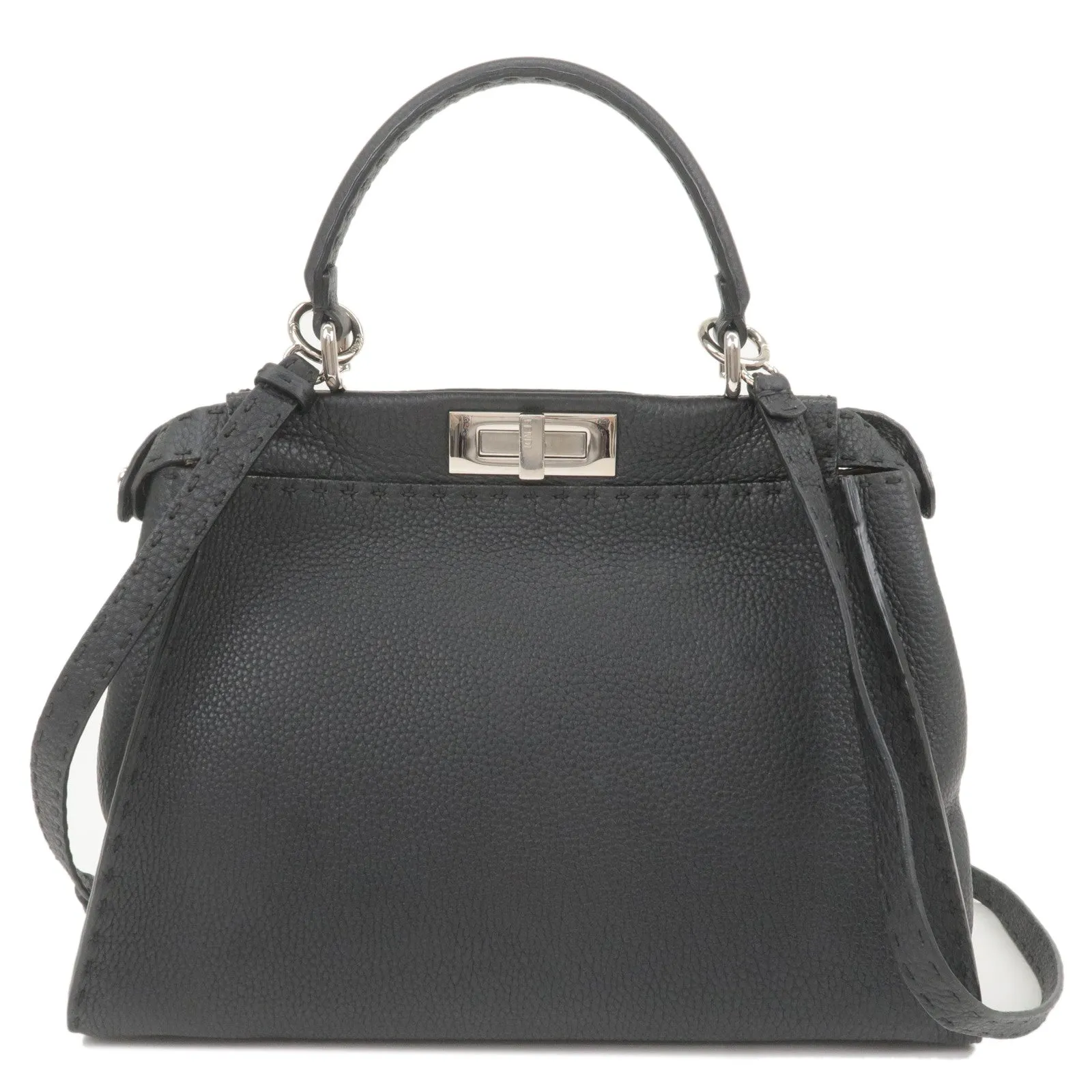 FENDI Selleria Peekaboo Regular Leather 2WAY Bag Black 8BN226