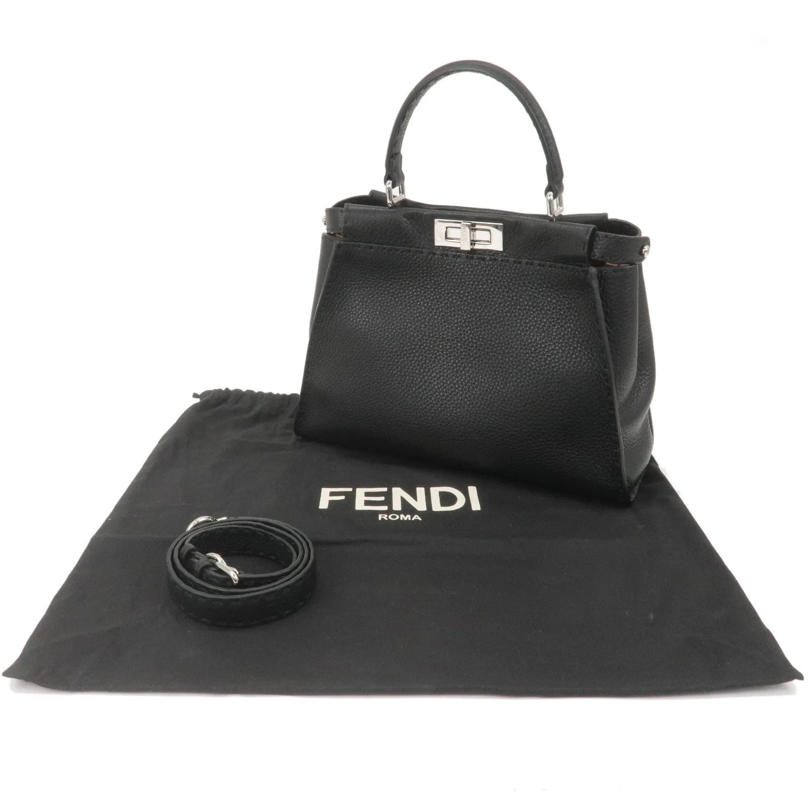 FENDI Selleria Peekaboo Regular Leather 2WAY Bag Black 8BN290