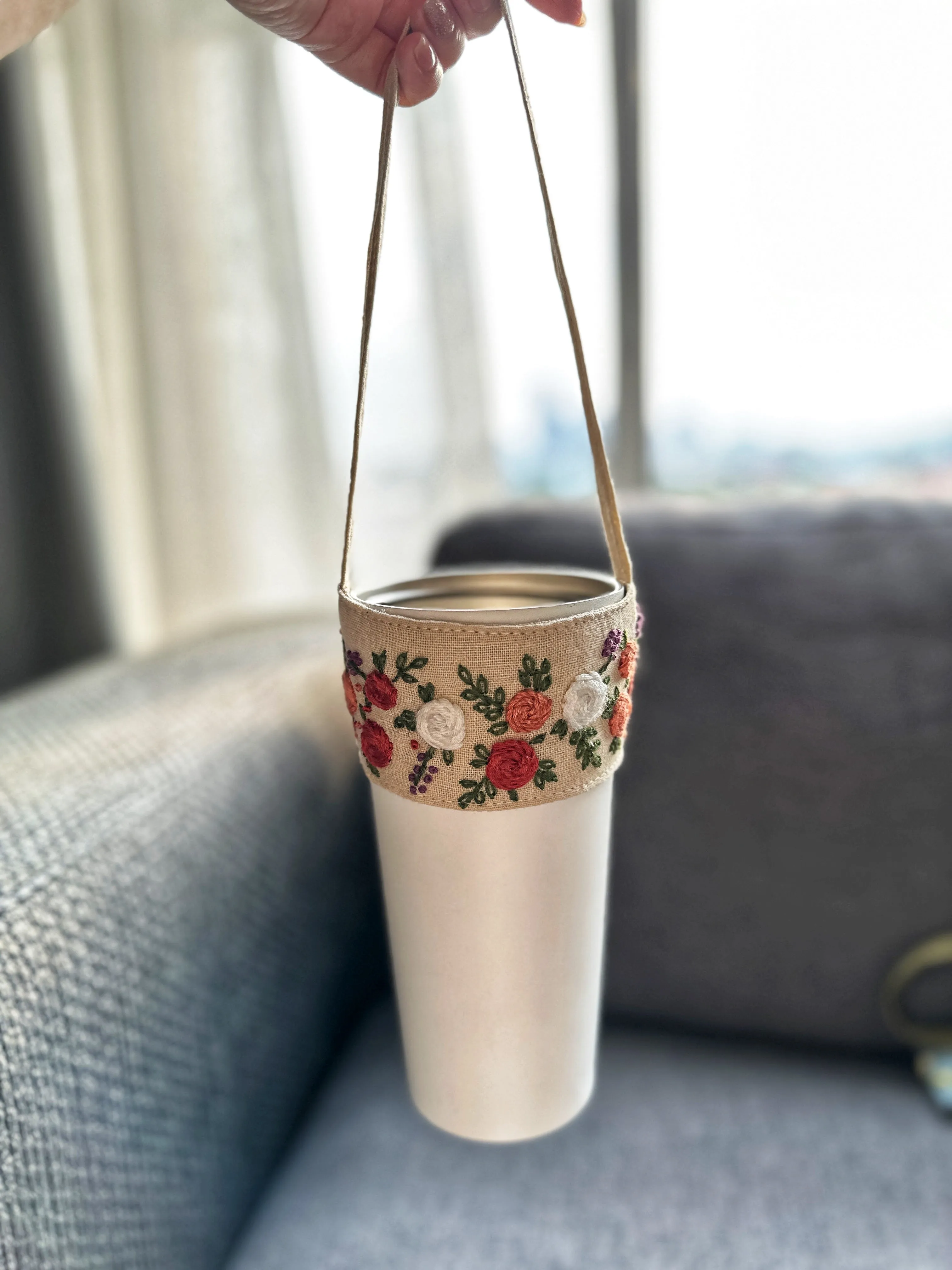 Floral Embroidered Cup Carrier