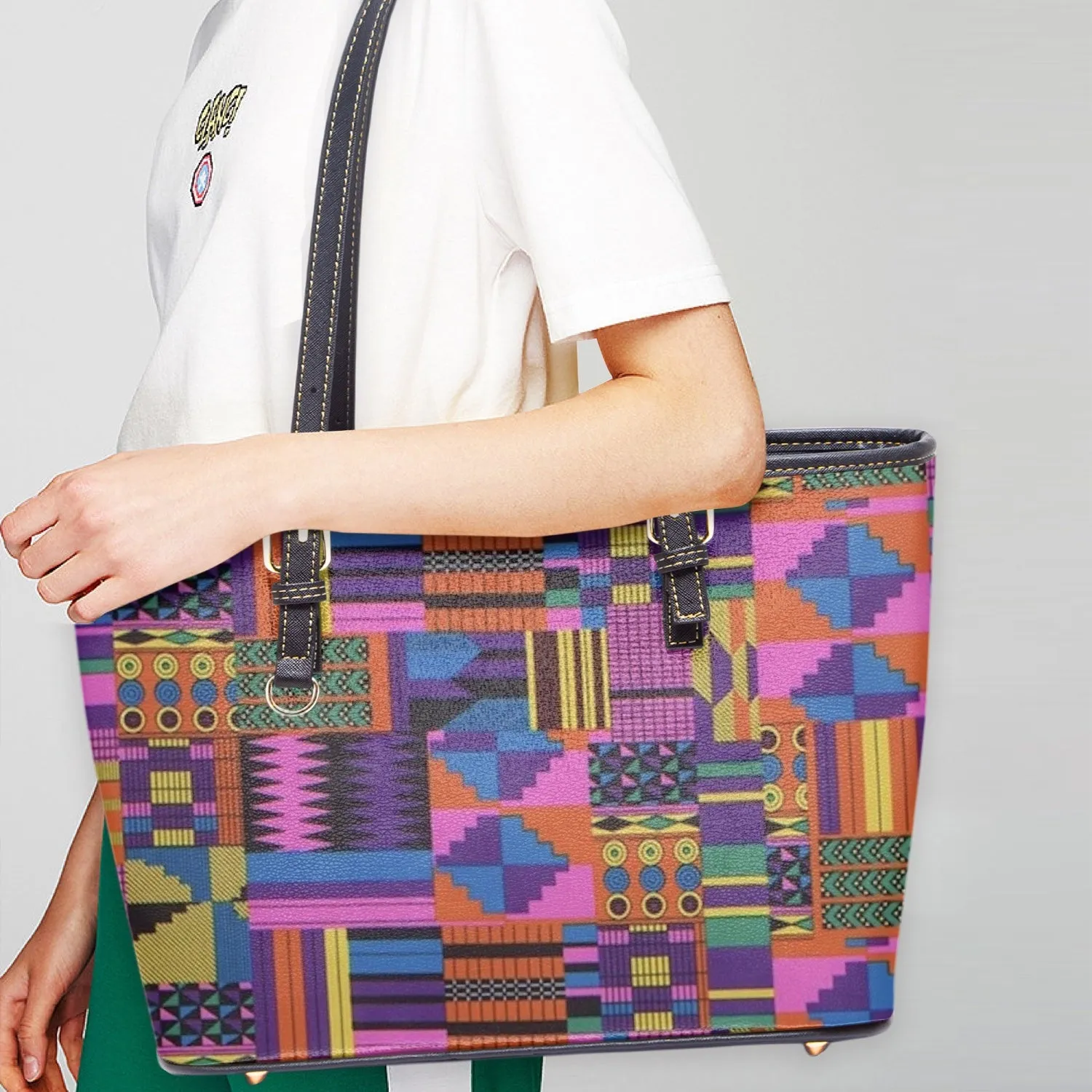FZ African Print Large Leather Tote Bag