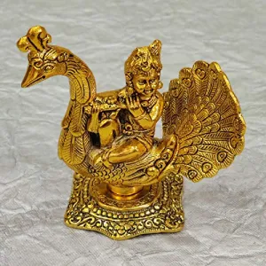 GiftNagri Gold Plated Metal Hindu God Krishna Kanha Ji Murti On Peacock for Home Office Décor Pooja Purpose and Decorative Showpiece