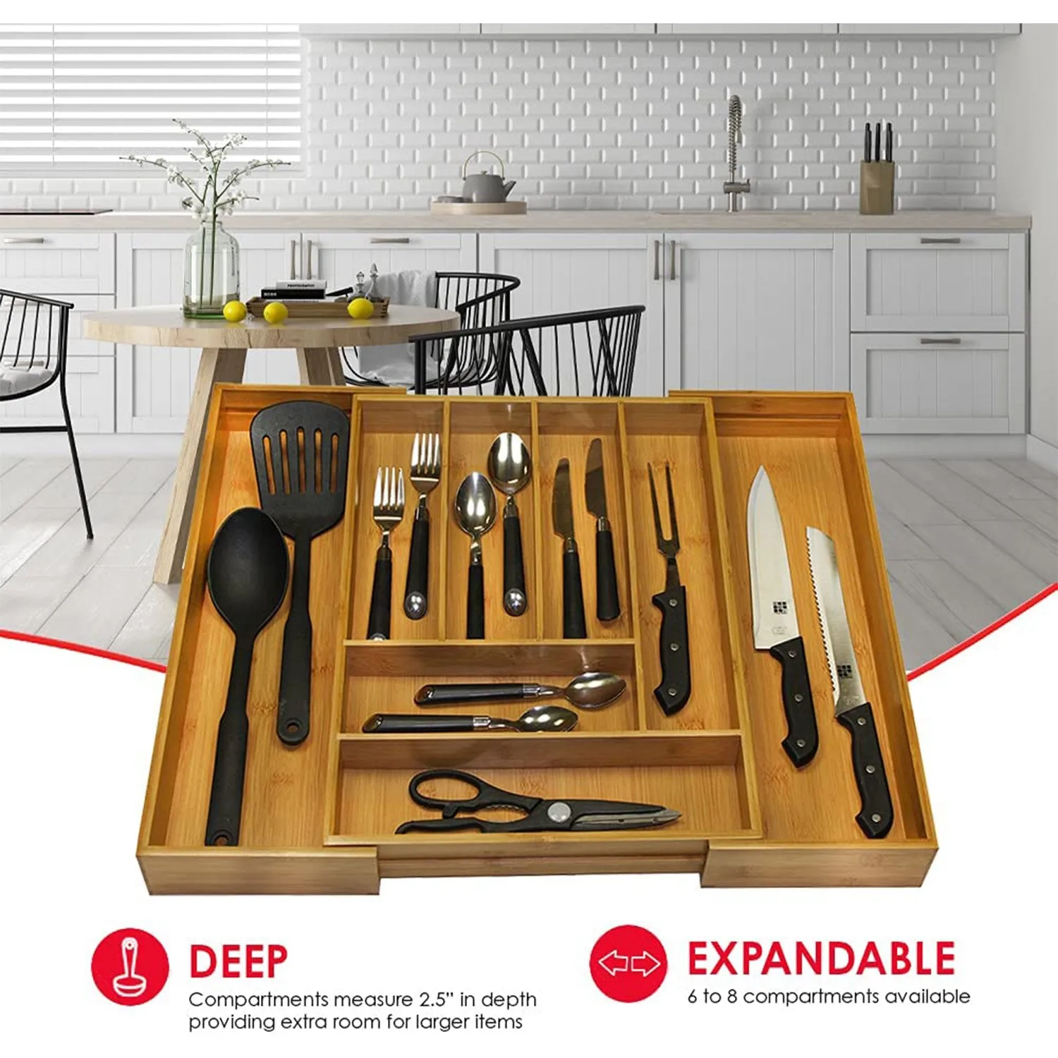 Home Basics Bamboo Expandable Cutlery Tray, 13-23 x18x 2.36 Inches