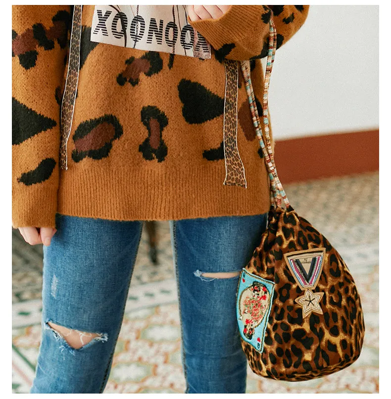 JAM PRINCESS LEOPARD PRINT DRAWSTRING BAG WITH EMBROIDERED