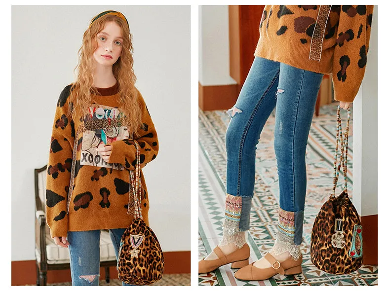 JAM PRINCESS LEOPARD PRINT DRAWSTRING BAG WITH EMBROIDERED