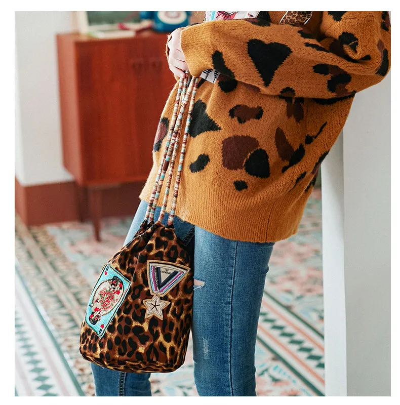 JAM PRINCESS LEOPARD PRINT DRAWSTRING BAG WITH EMBROIDERED