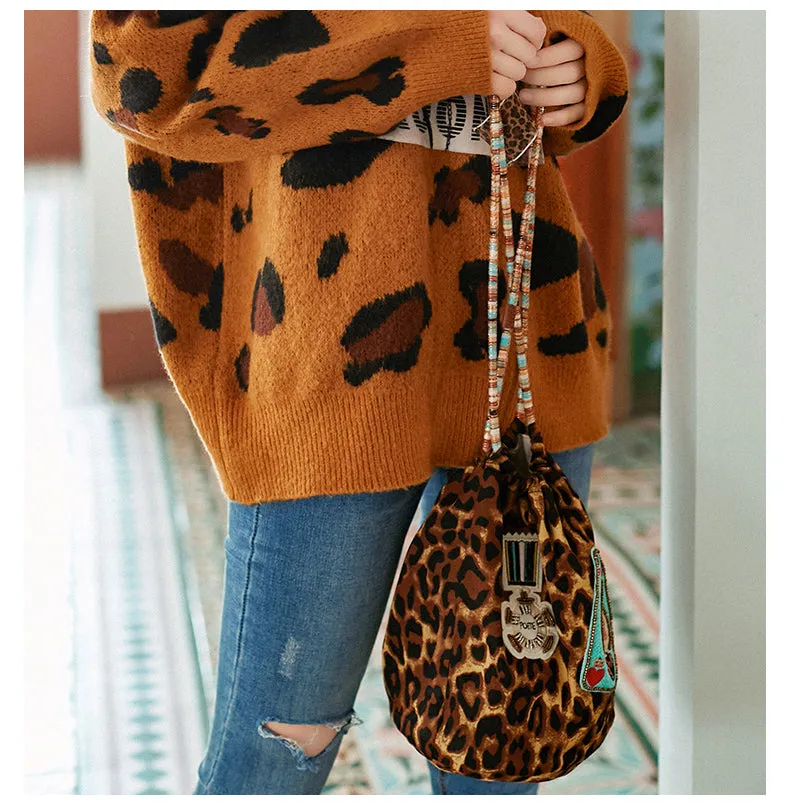 JAM PRINCESS LEOPARD PRINT DRAWSTRING BAG WITH EMBROIDERED