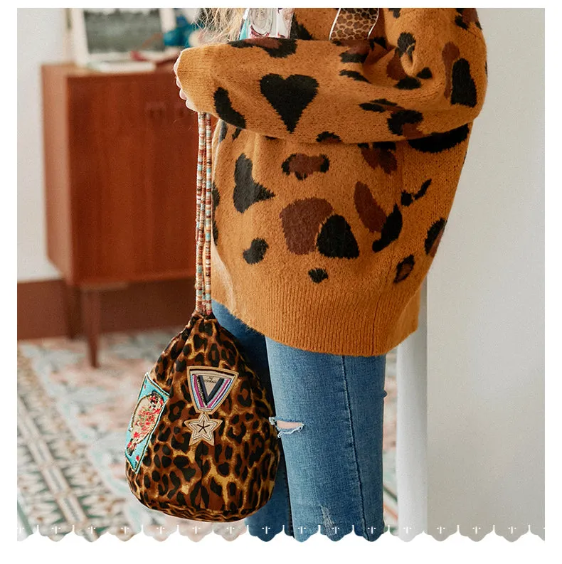 JAM PRINCESS LEOPARD PRINT DRAWSTRING BAG WITH EMBROIDERED