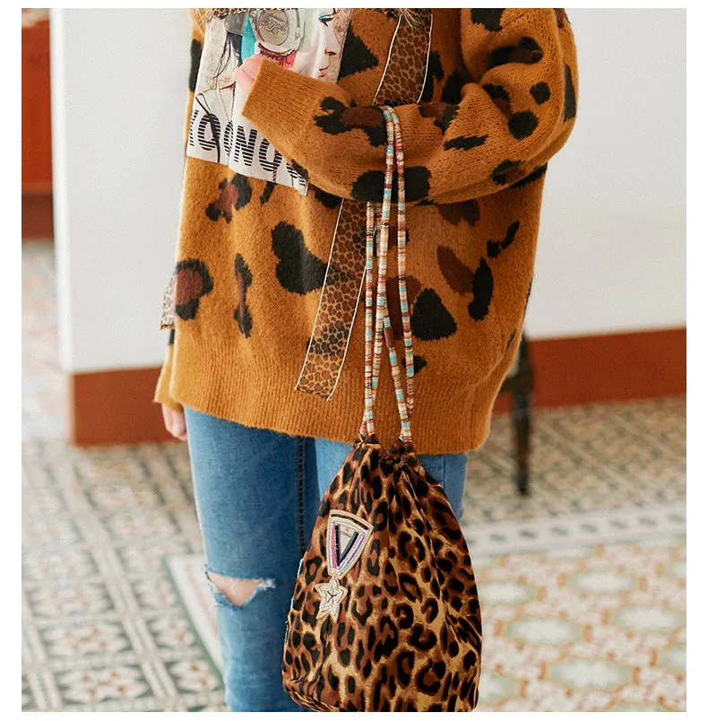 JAM PRINCESS LEOPARD PRINT DRAWSTRING BAG WITH EMBROIDERED