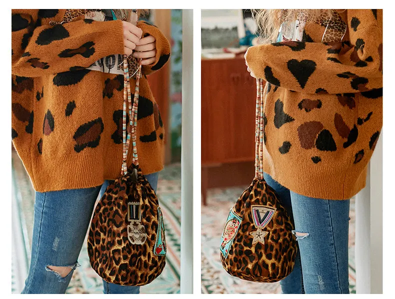 JAM PRINCESS LEOPARD PRINT DRAWSTRING BAG WITH EMBROIDERED