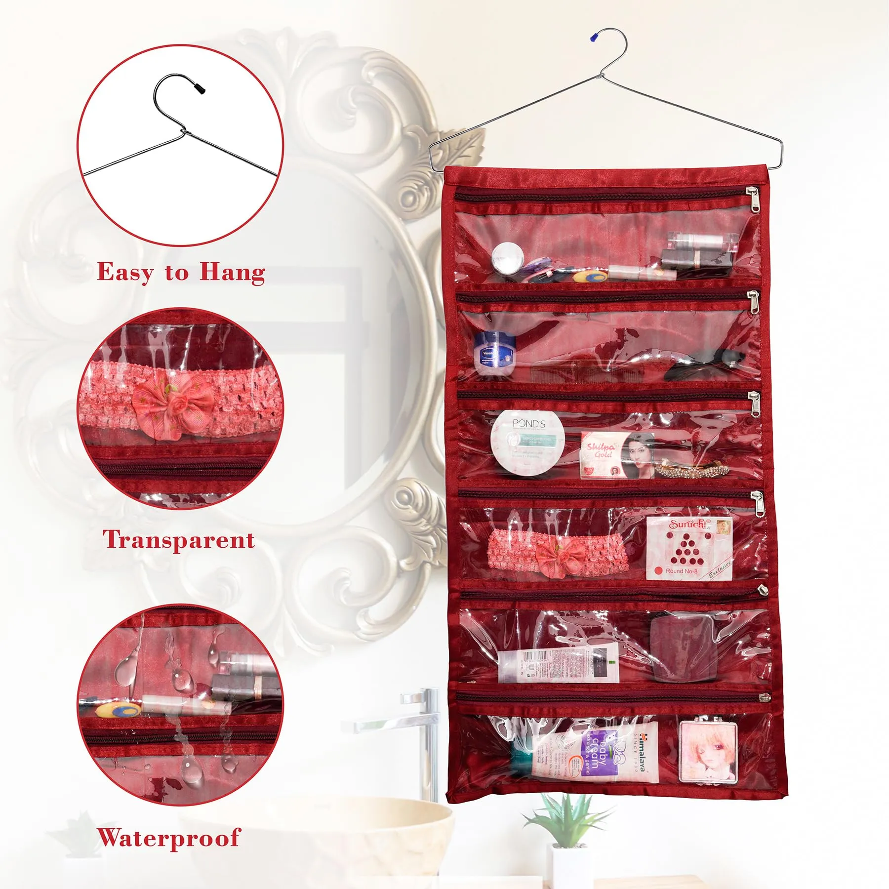 Kuber Industries Hanging Organizer | Satin Storage Hanger | 6 Pocket Hanging Organizer | Storage Organizer with Hanger | Jewellery Kit | Jewellery Hanging Organizer | Pack of 2 | Maroon