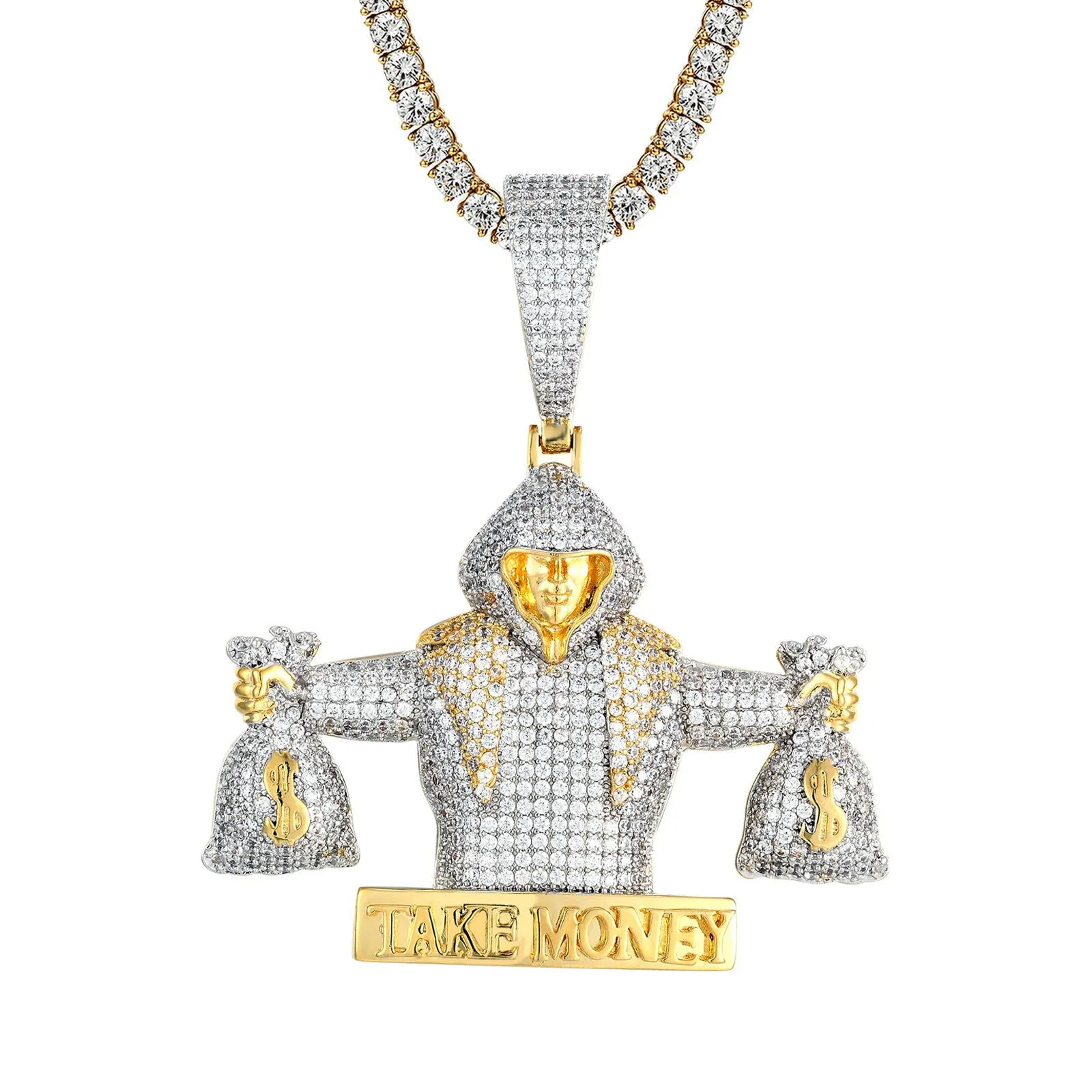Man Holding Take Money Dollar Bag 14K Gold Tone Icy Pendant