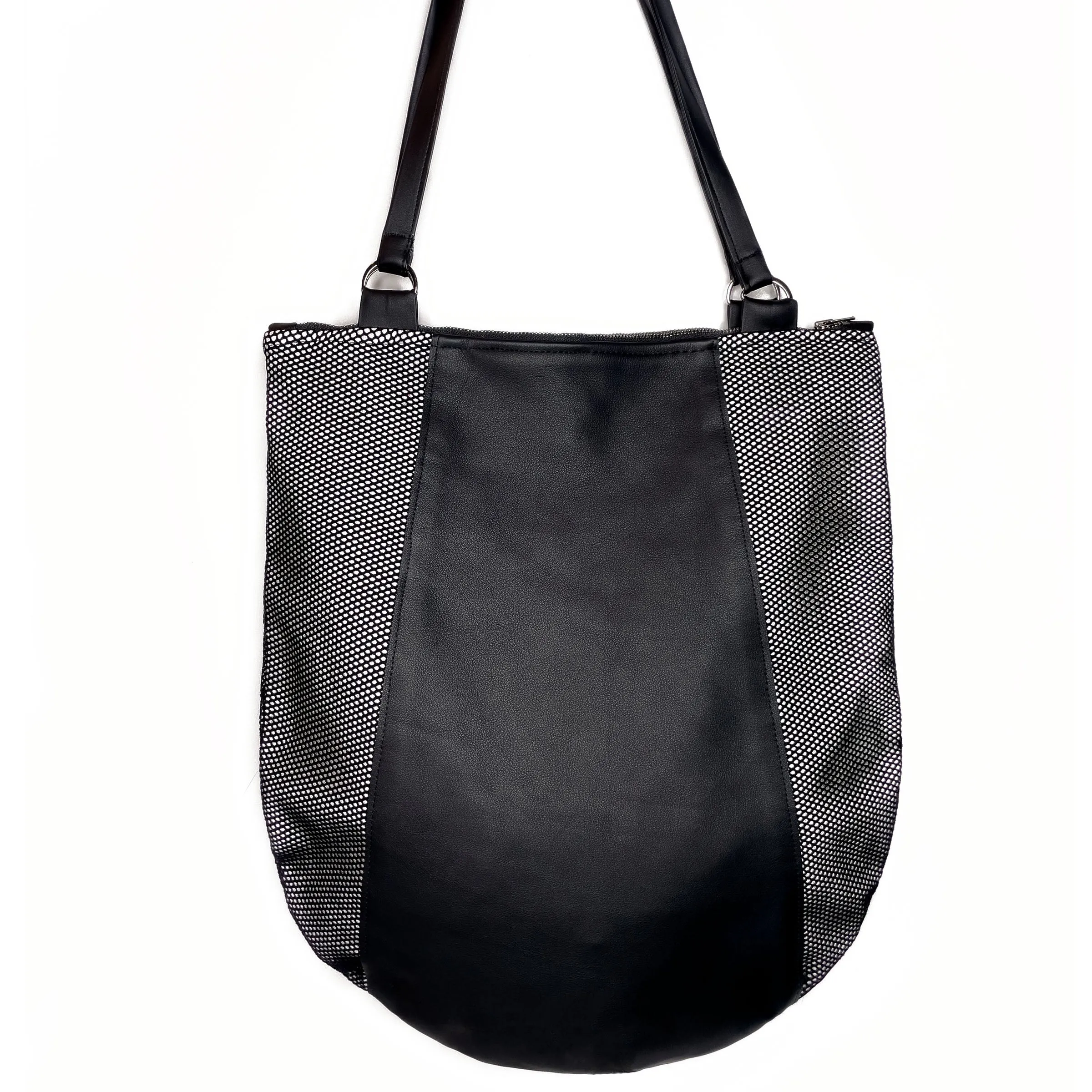 Mesh Scoop Leather Shoulder Bag, black