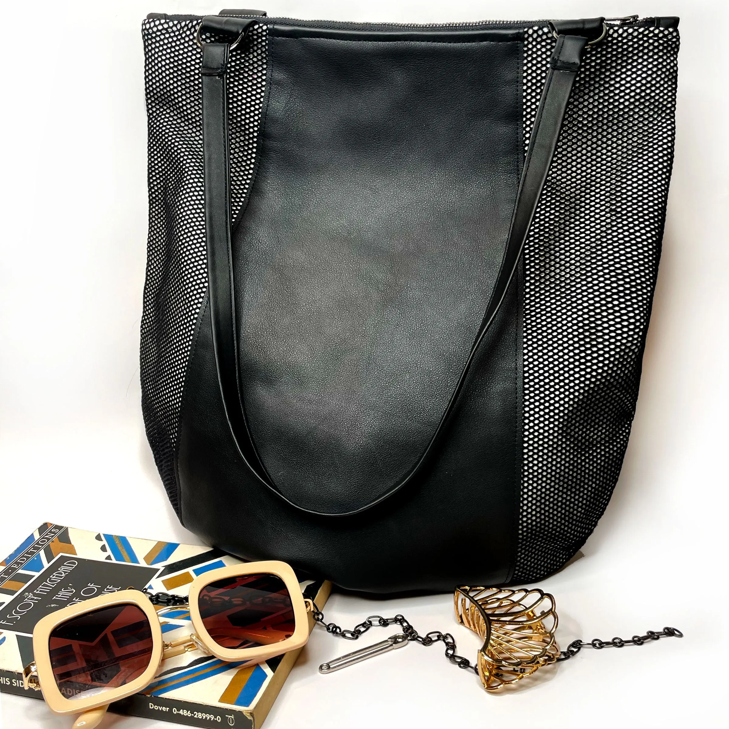 Mesh Scoop Leather Shoulder Bag, black