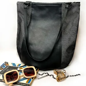 Mesh Scoop Leather Shoulder Bag, black