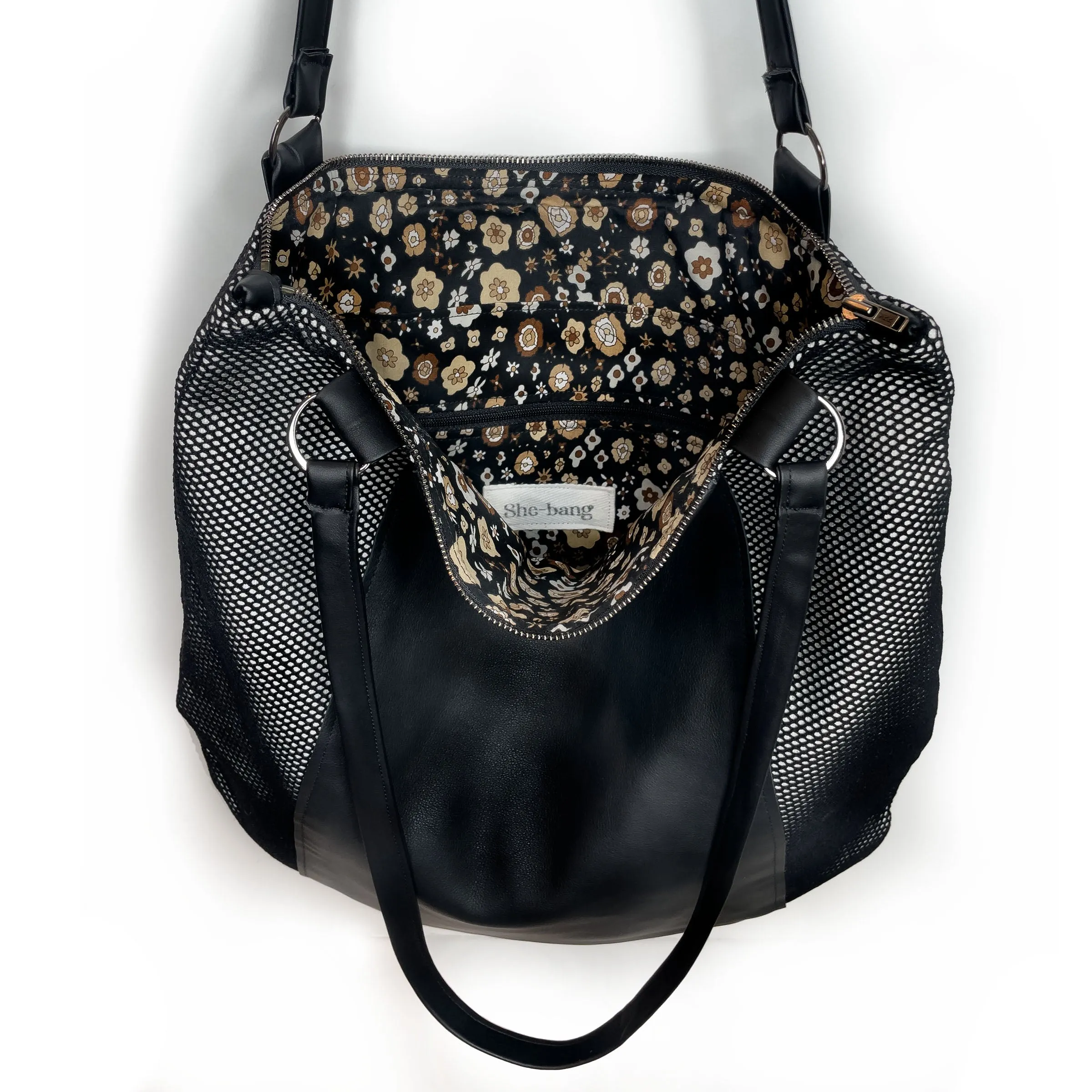 Mesh Scoop Leather Shoulder Bag, black