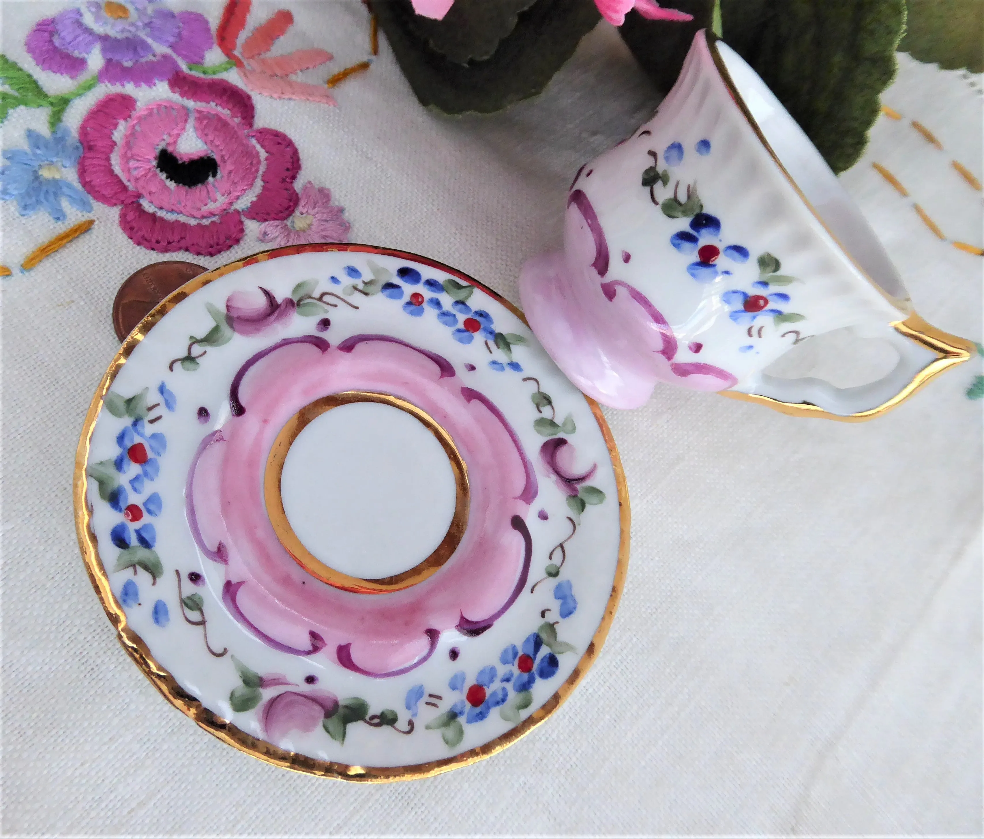 Miniature Cup And Saucer Floral Luster Portugal 1990s Mini Teacup