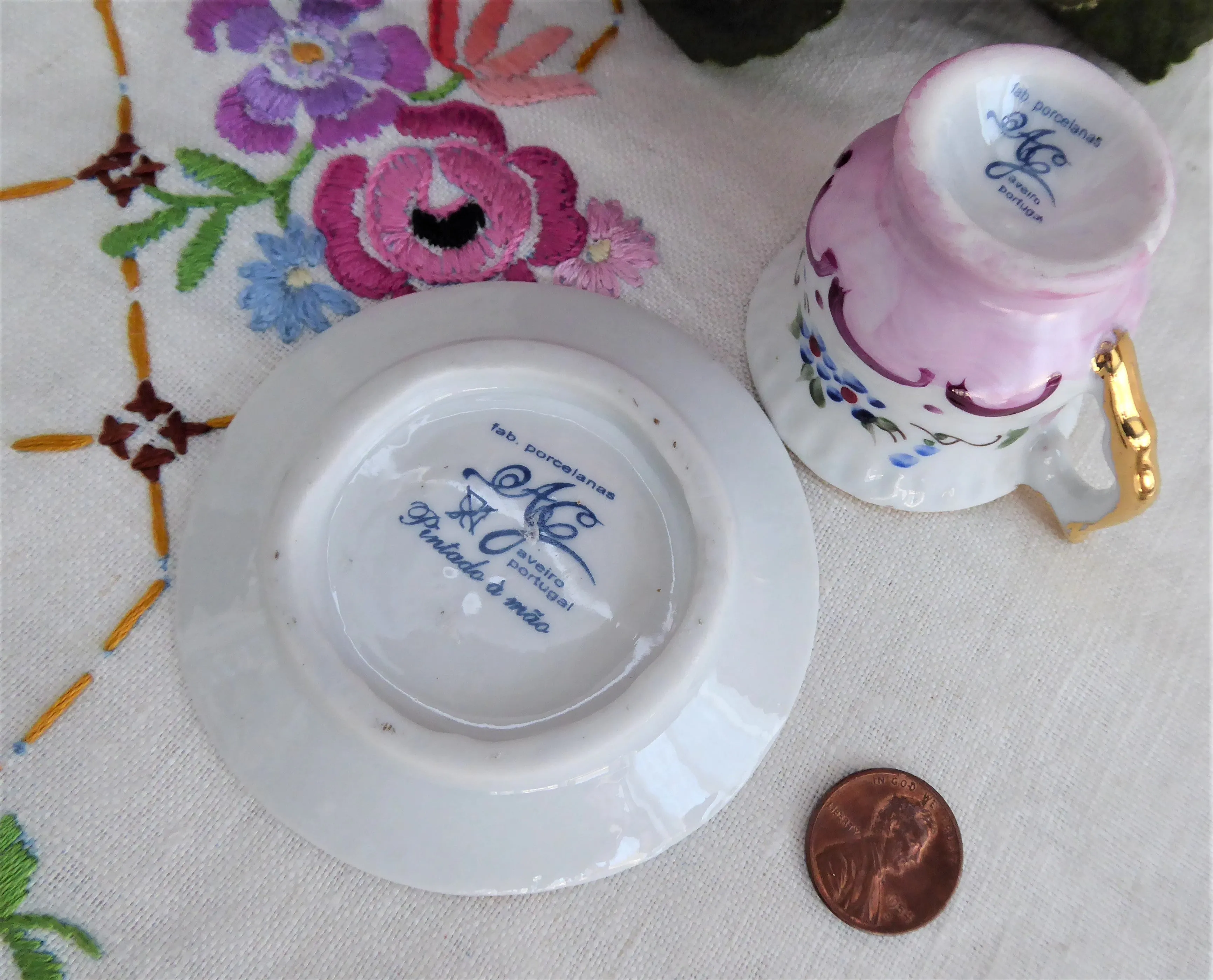 Miniature Cup And Saucer Floral Luster Portugal 1990s Mini Teacup