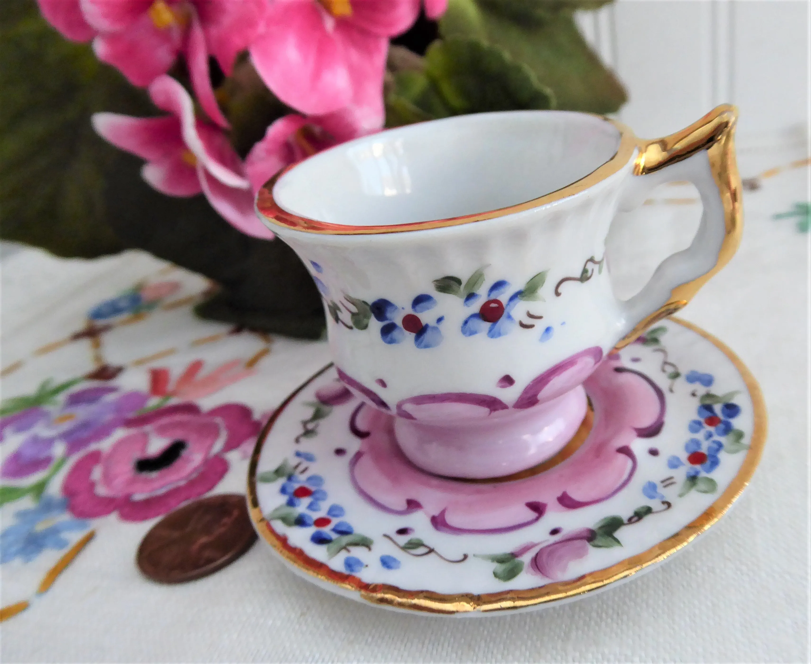 Miniature Cup And Saucer Floral Luster Portugal 1990s Mini Teacup