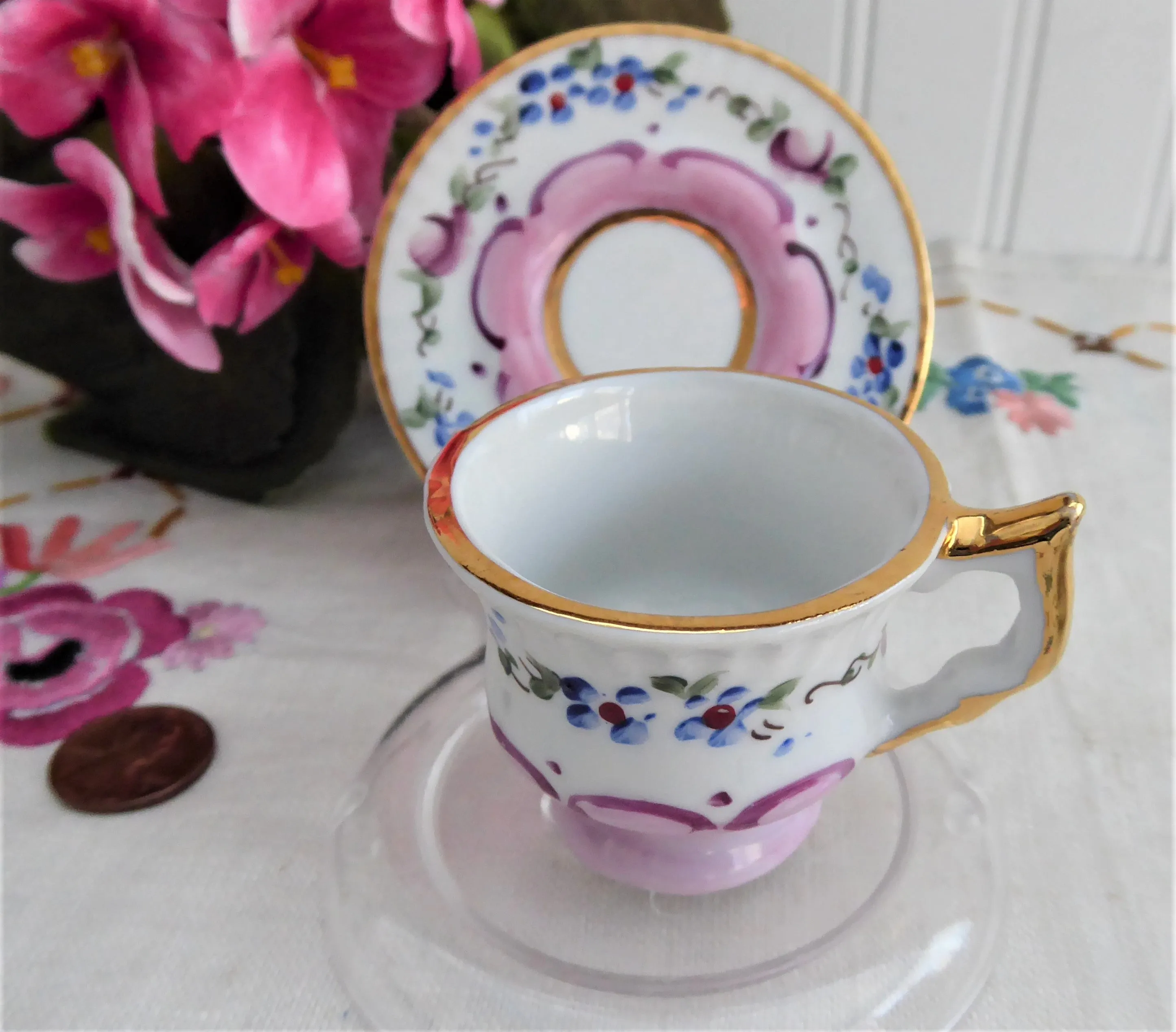 Miniature Cup And Saucer Floral Luster Portugal 1990s Mini Teacup
