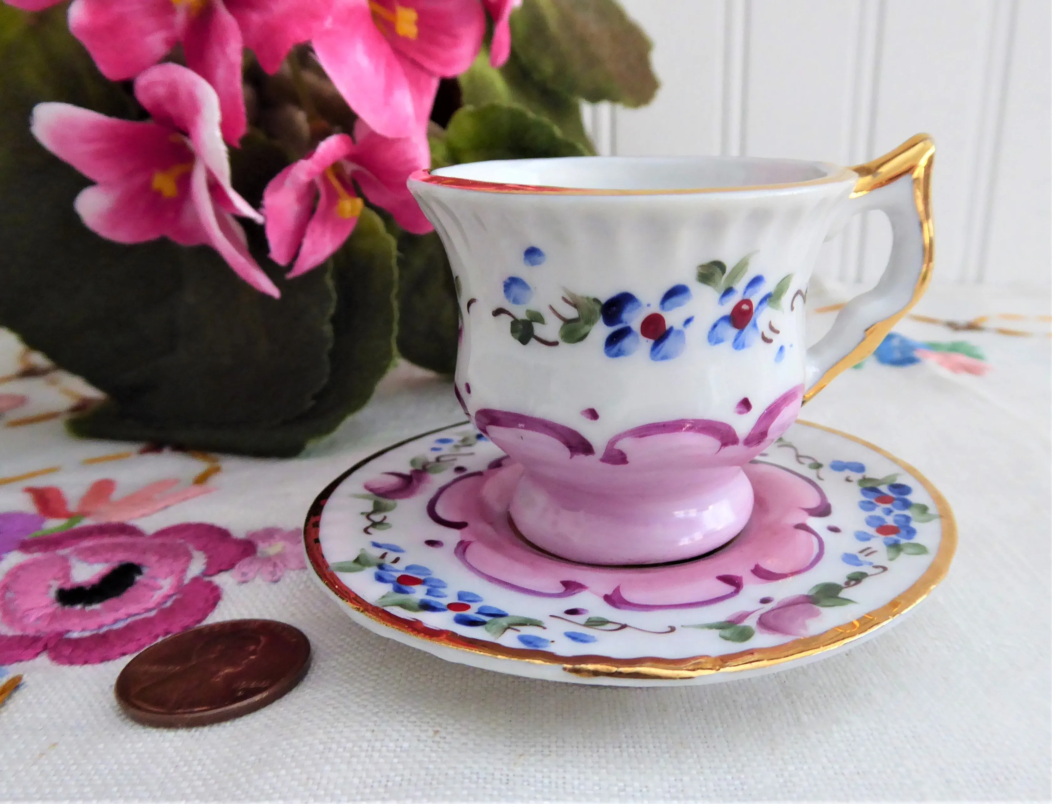 Miniature Cup And Saucer Floral Luster Portugal 1990s Mini Teacup