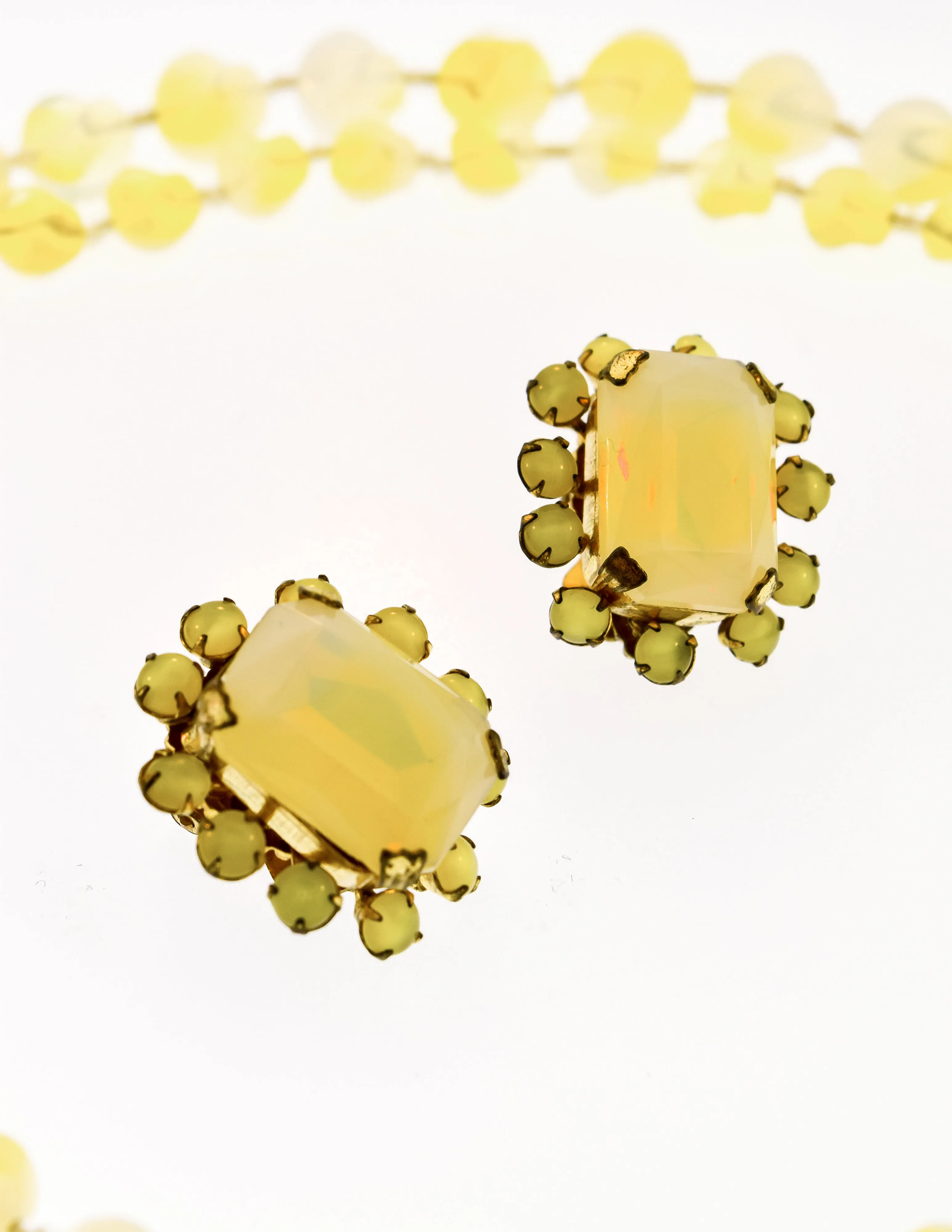 Miriam Haskell Vintage Pastel Yellow Glass Bead Flower Necklace and Earrings Set
