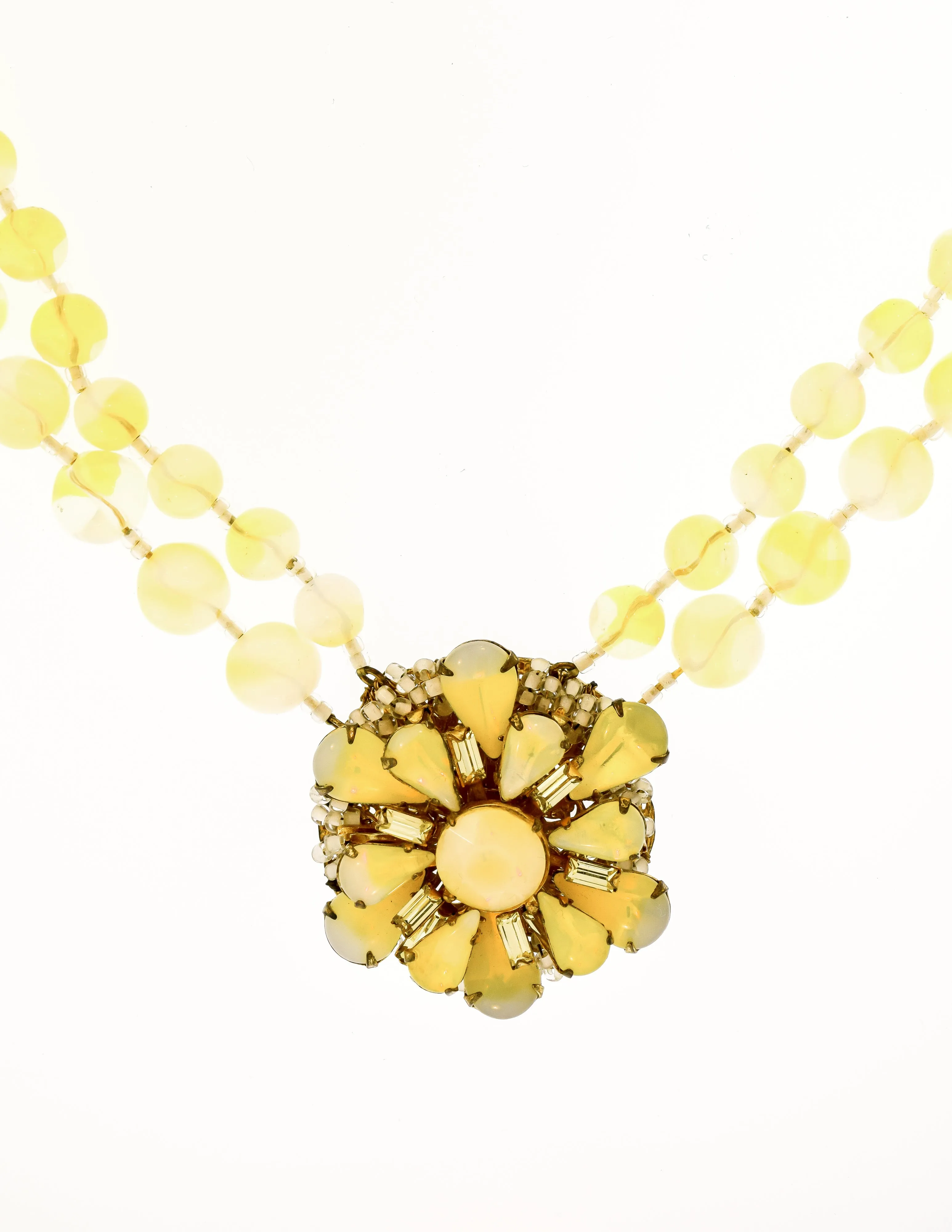 Miriam Haskell Vintage Pastel Yellow Glass Bead Flower Necklace and Earrings Set