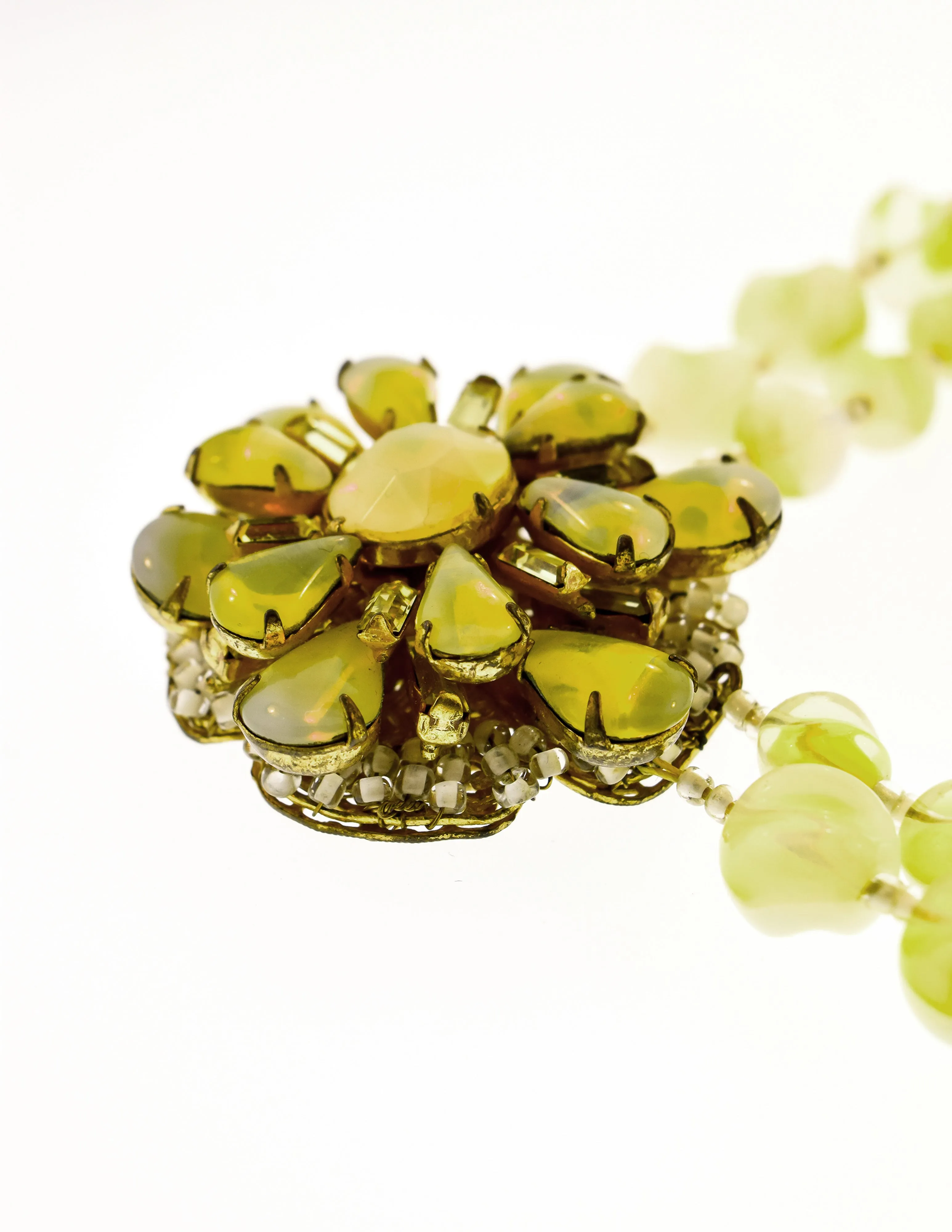 Miriam Haskell Vintage Pastel Yellow Glass Bead Flower Necklace and Earrings Set