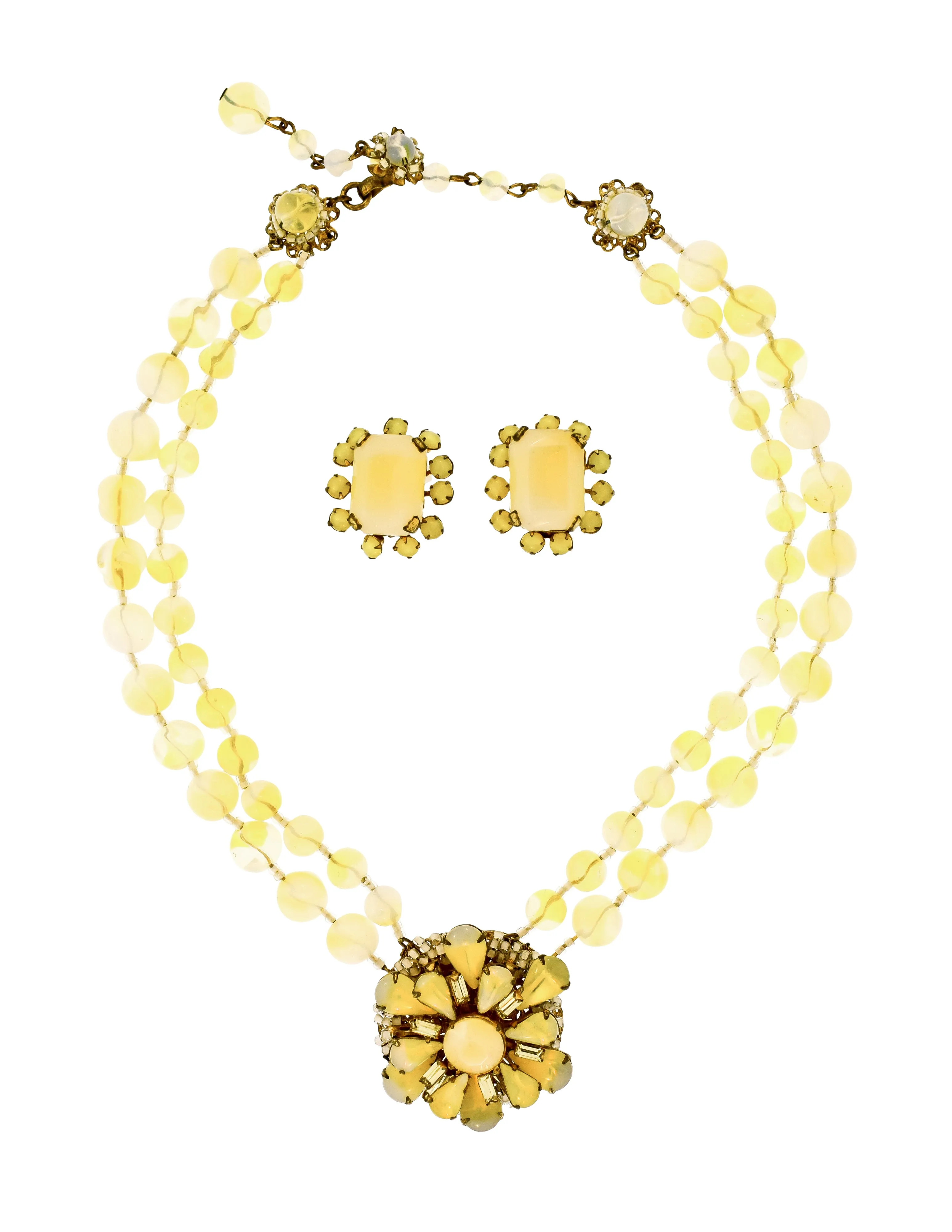 Miriam Haskell Vintage Pastel Yellow Glass Bead Flower Necklace and Earrings Set