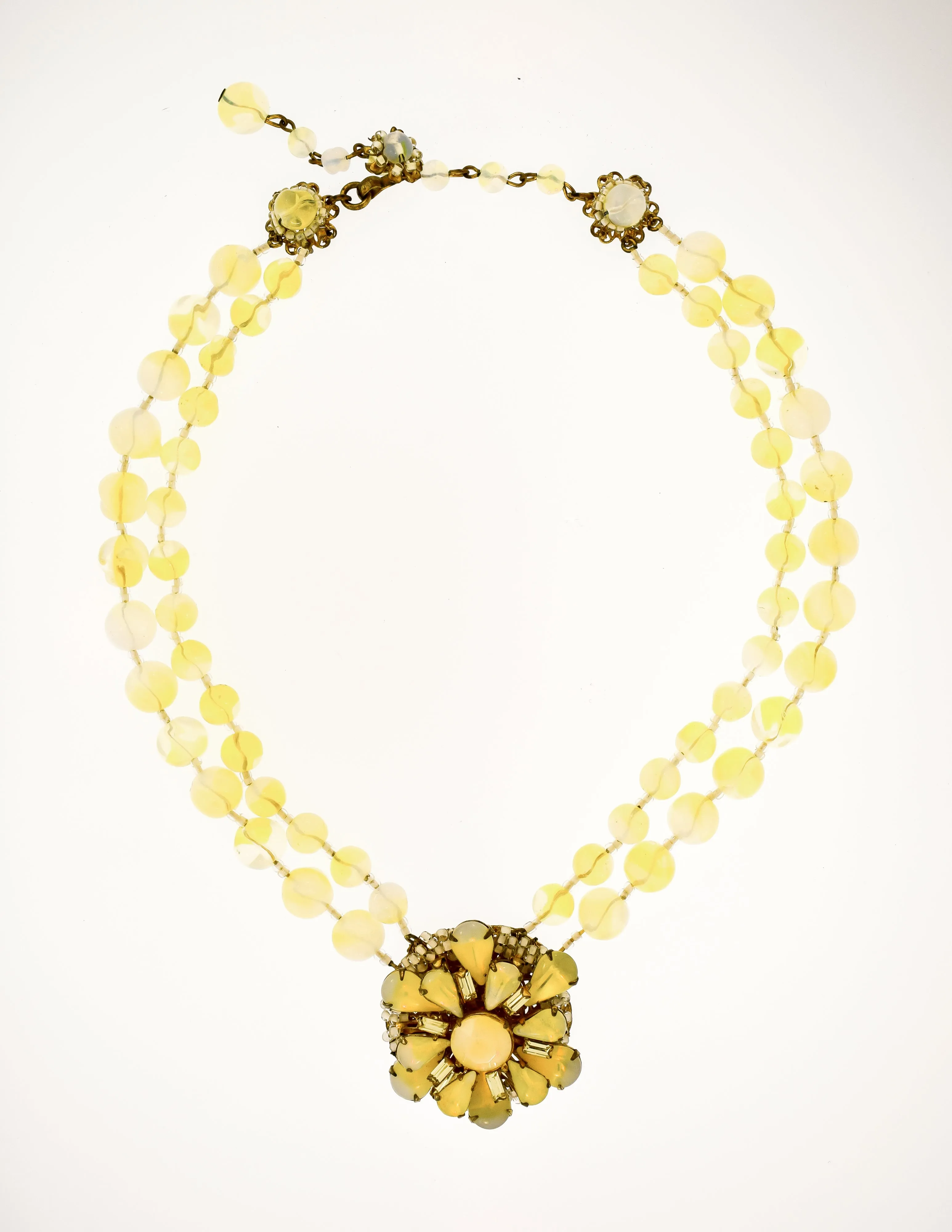 Miriam Haskell Vintage Pastel Yellow Glass Bead Flower Necklace and Earrings Set