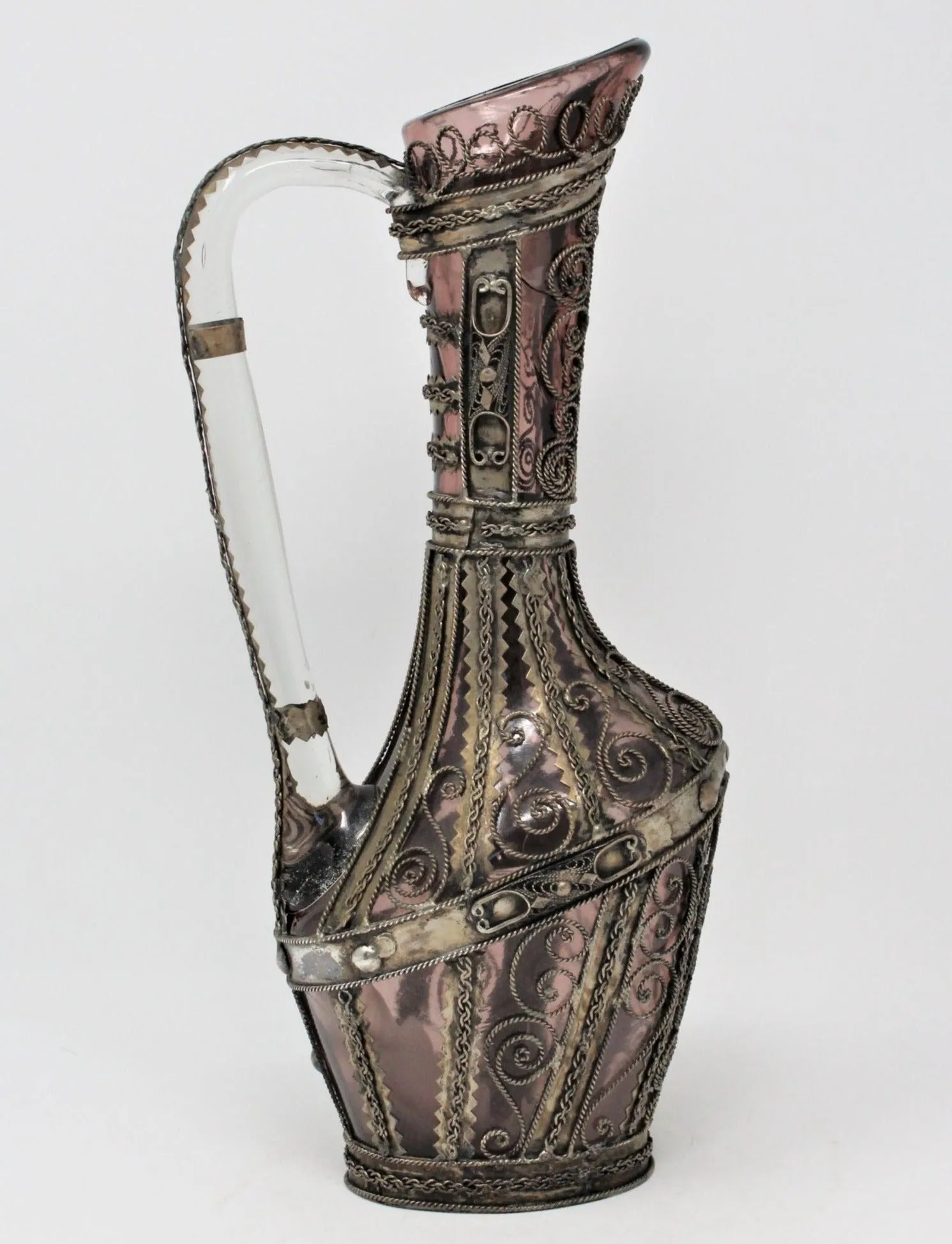 Pitcher, Metal Wrapped Amethyst Glass Caged, Vintage, RARE