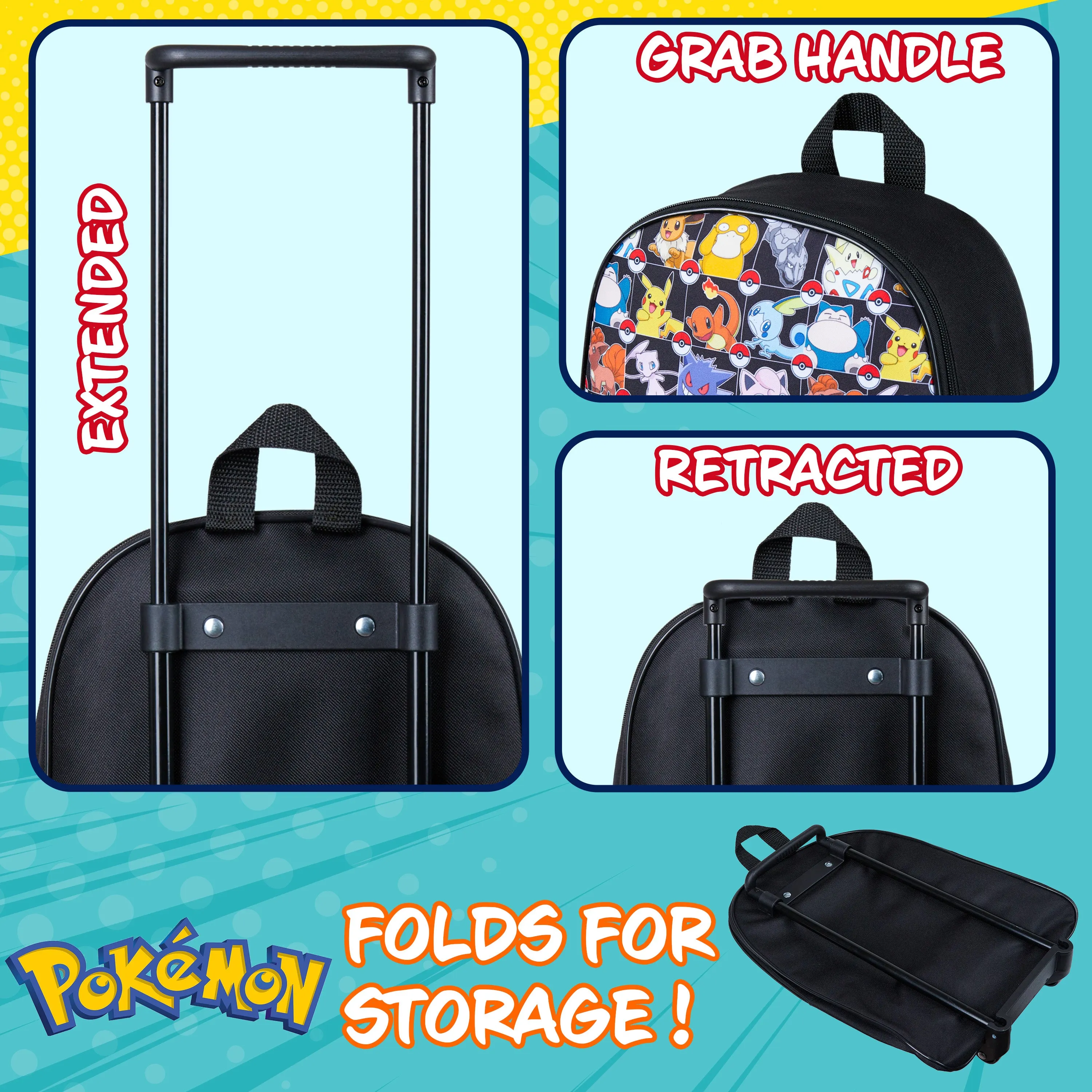 Pokemon Kids Foldable Trolley Suitcase - Black AOP