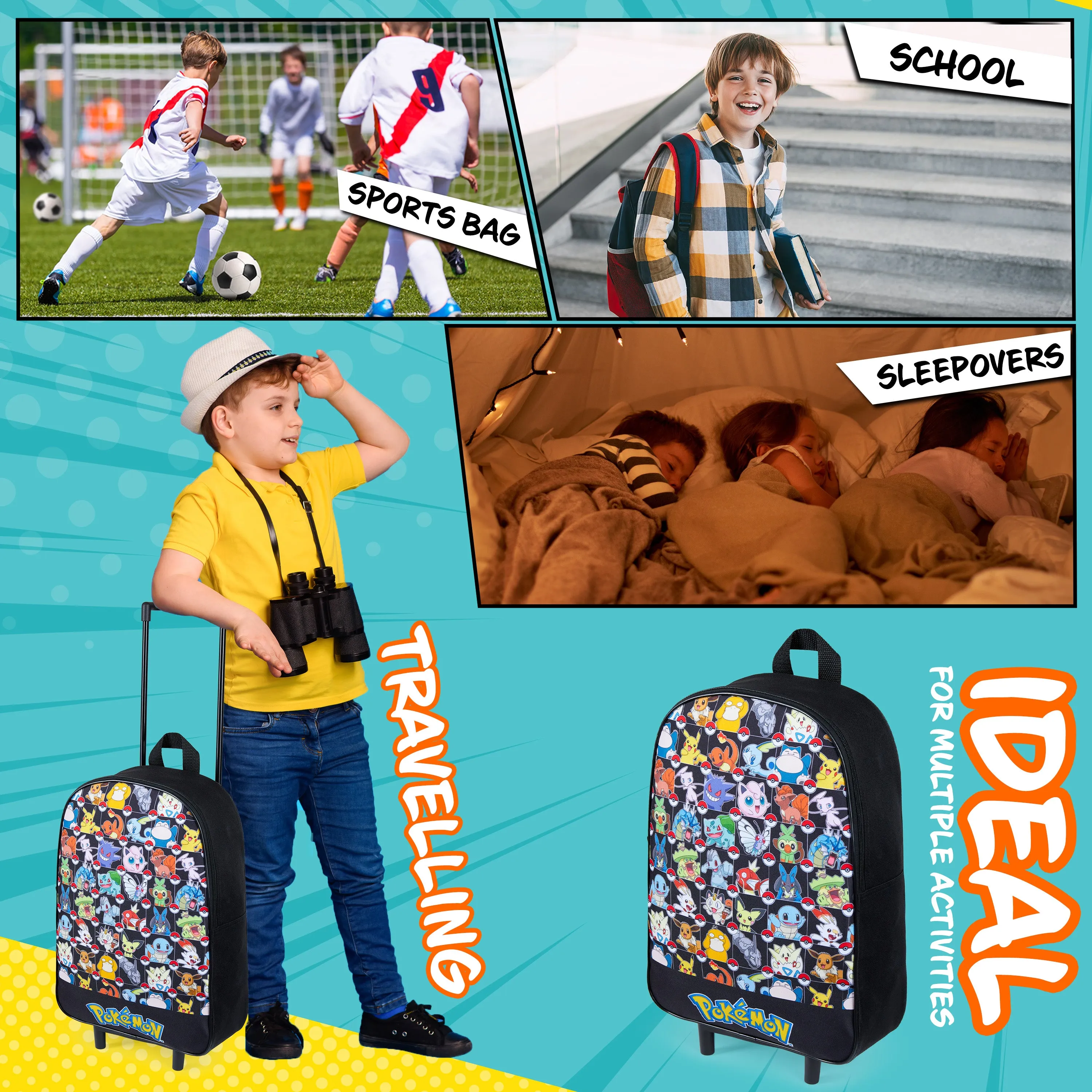 Pokemon Kids Foldable Trolley Suitcase - Black AOP