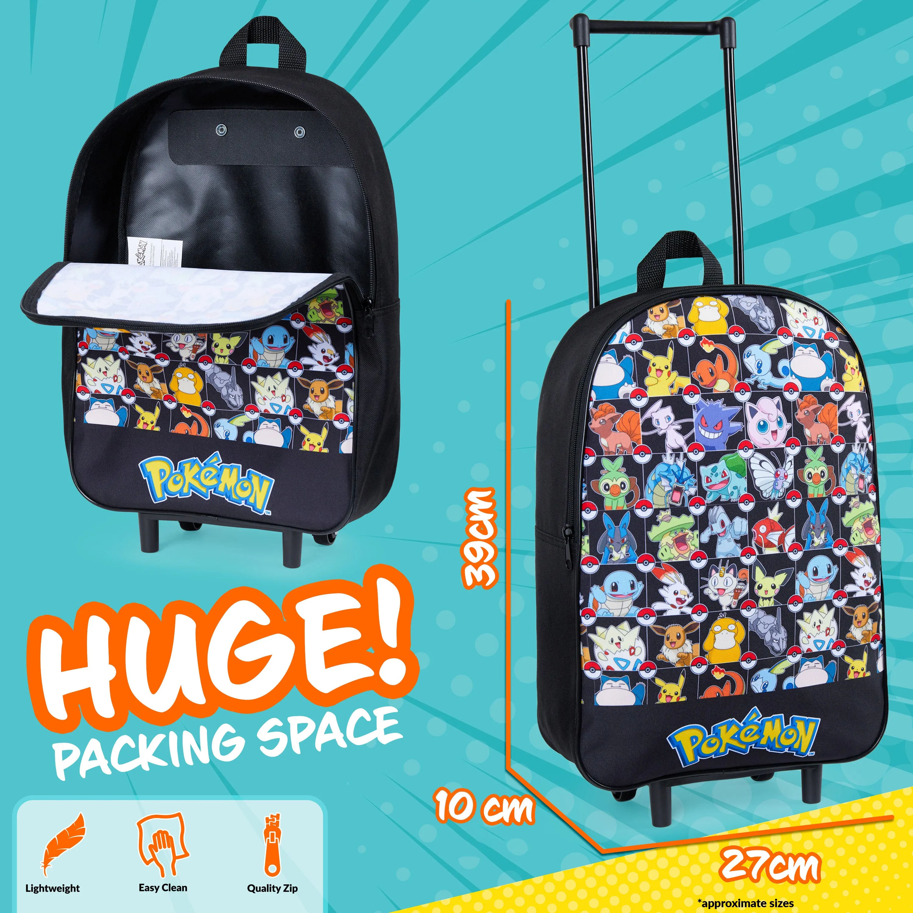 Pokemon Kids Foldable Trolley Suitcase - Black AOP