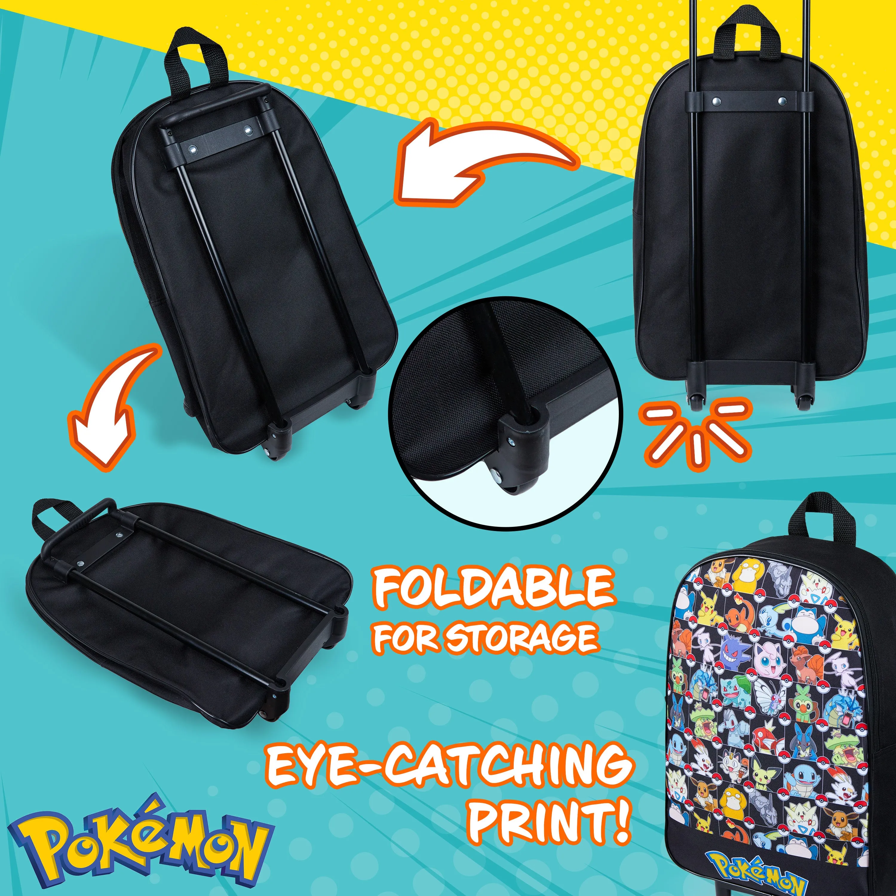 Pokemon Kids Foldable Trolley Suitcase - Black AOP