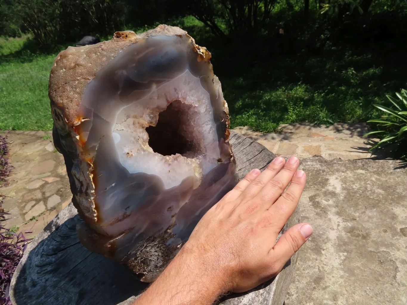 Polished Extra Large Agate With Crystal Geode Centre Amethyst Flavoured Crystals Cut To Stand x 1 From Madagascar