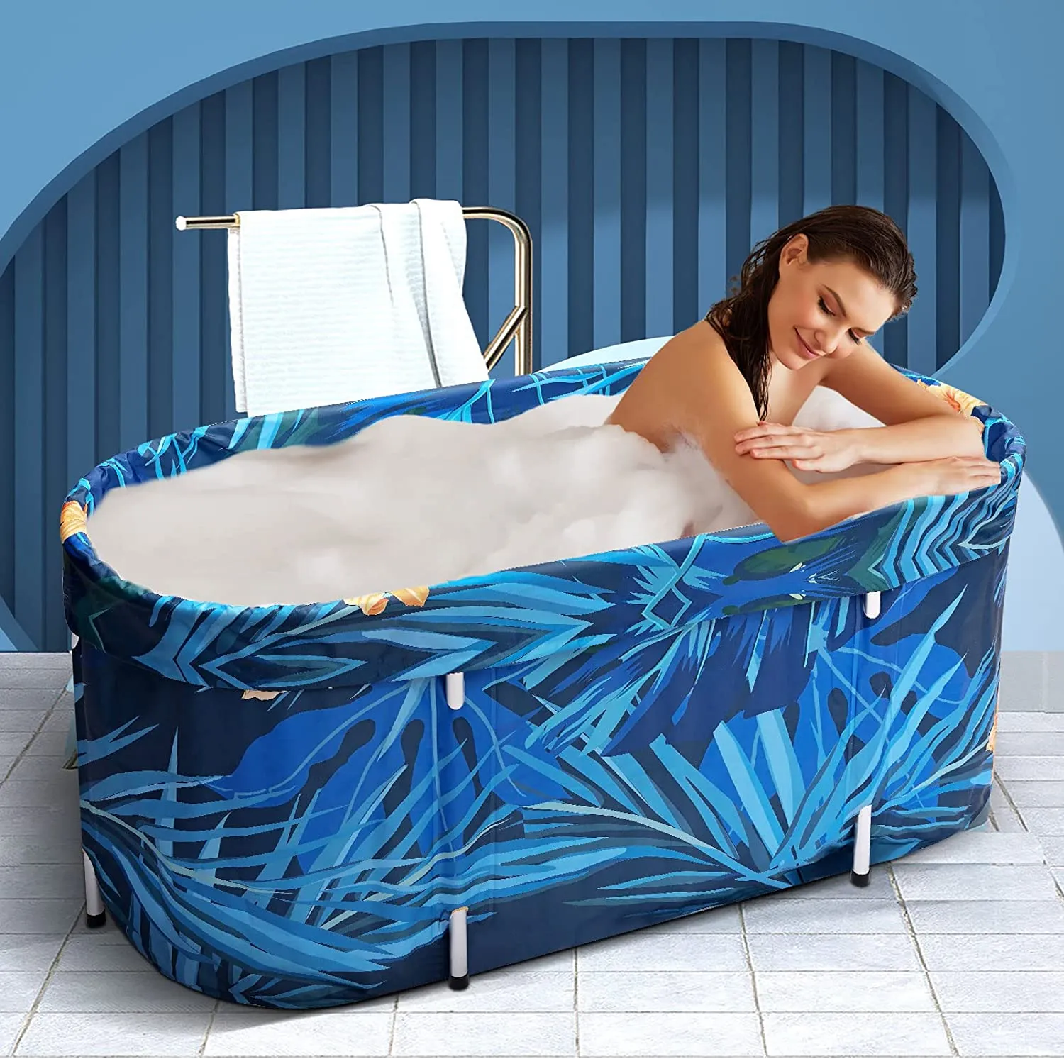 Portable  Foldable Bathtub for Adults with Water Filling Cushion and Backrest I Dark Blue