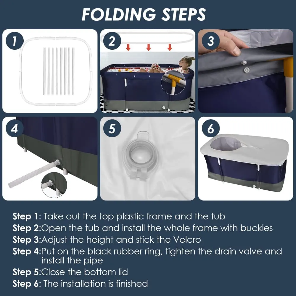 Portable  Foldable Bathtub for Adults with Water Filling Cushion and Backrest I Dark Blue