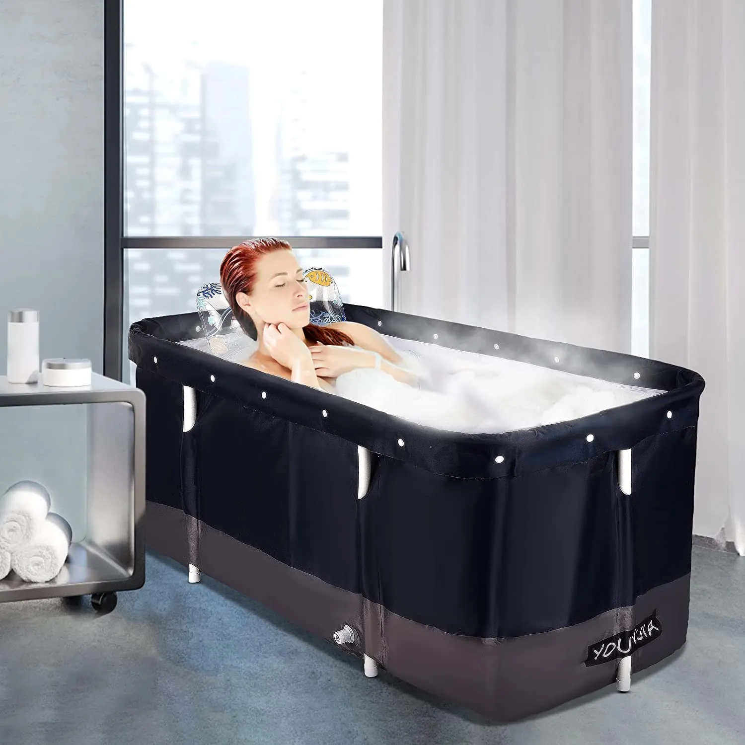 Portable  Foldable Bathtub for Adults with Water Filling Cushion and Backrest I Dark Blue