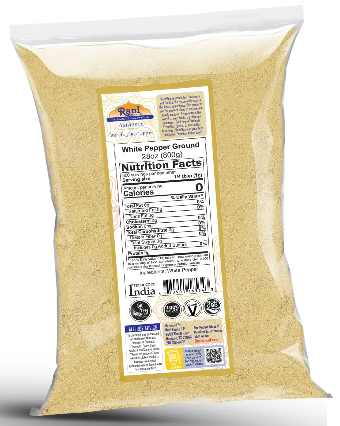 Rani White Pepper (Gol Mirch), Ground Spice 28oz (1.75lbs) 800g ~ All Natural | Vegan | Gluten Friendly | NON-GMO | Kosher | Indian Origin