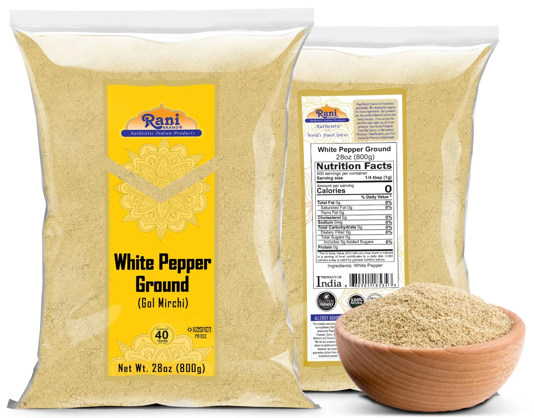 Rani White Pepper (Gol Mirch), Ground Spice 28oz (1.75lbs) 800g ~ All Natural | Vegan | Gluten Friendly | NON-GMO | Kosher | Indian Origin