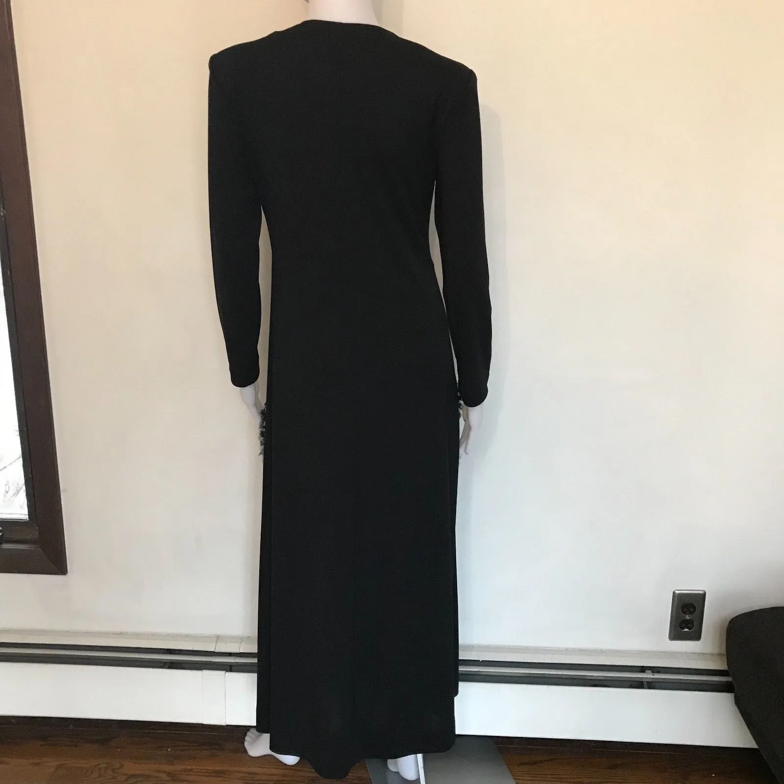 Vintage 1980s Black Caftan Maxi Dress With Feathers
